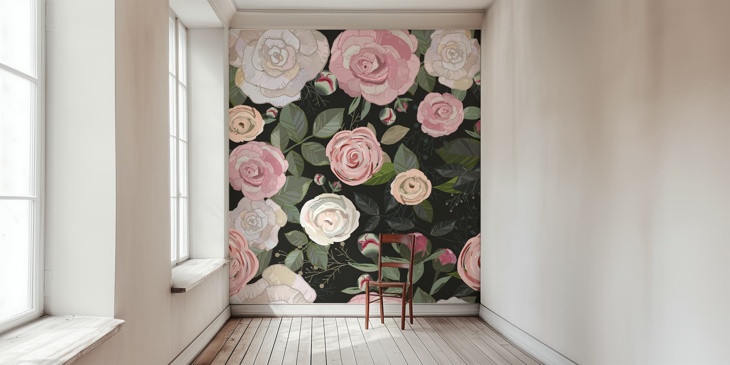 Peony and roses black Tapete in einem Raum