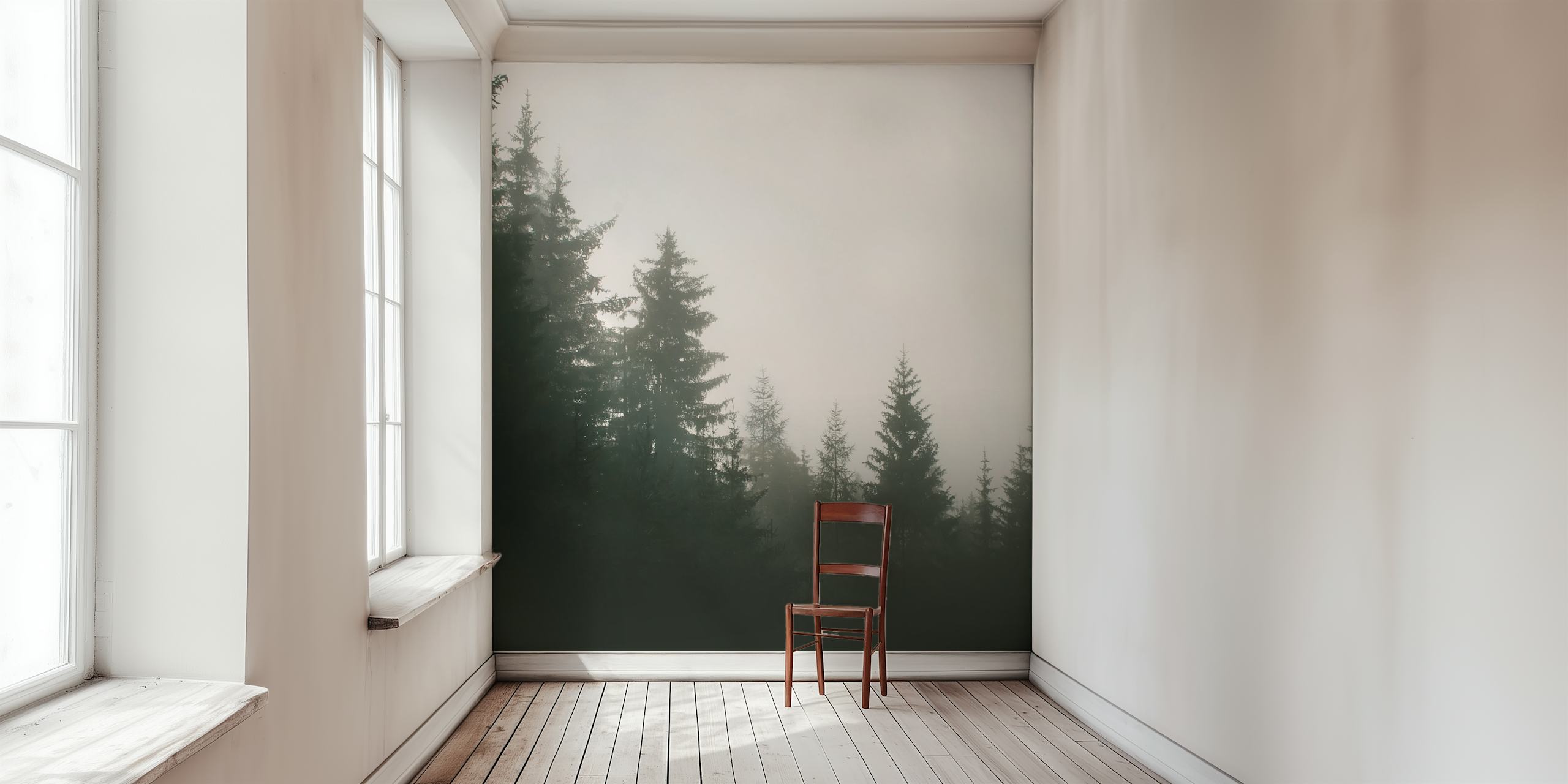 Dark fog enshrouded forest wall mural with tree silhouettes