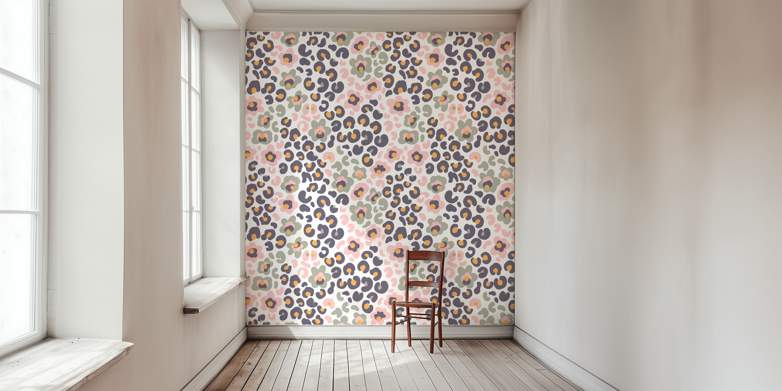 Floral animal print wallpaper in pastel colors featuring pink, grey and navy elements.