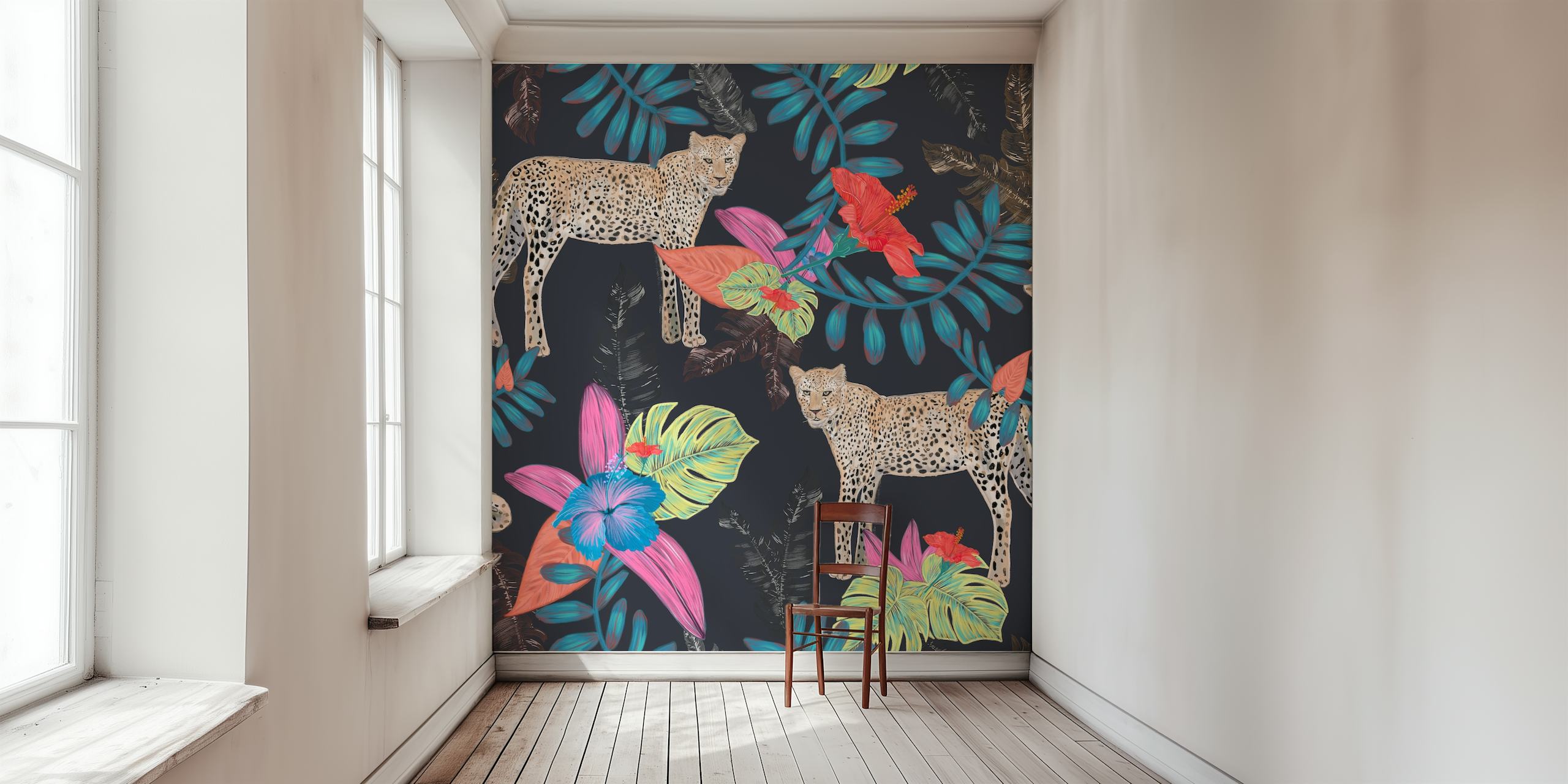 Håndtegnet leopard-vægmaleri med leoparder blandt tropiske planter på en mørk baggrund.