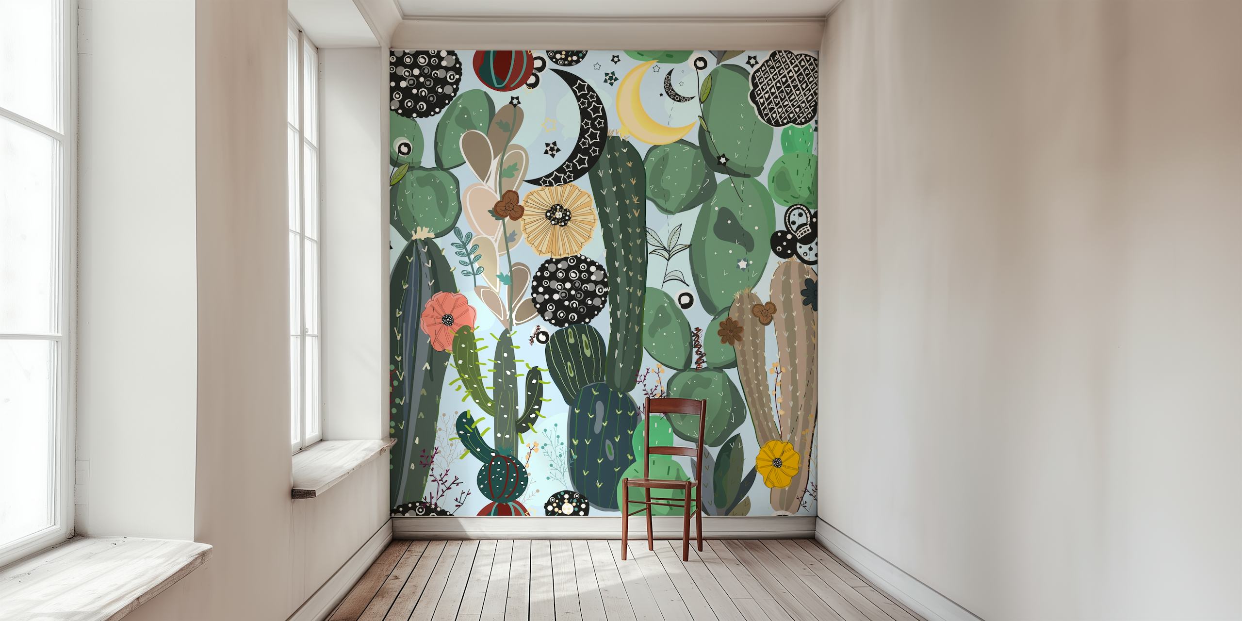Cactus and moon pattern with colorful flowers and stars wallpaper