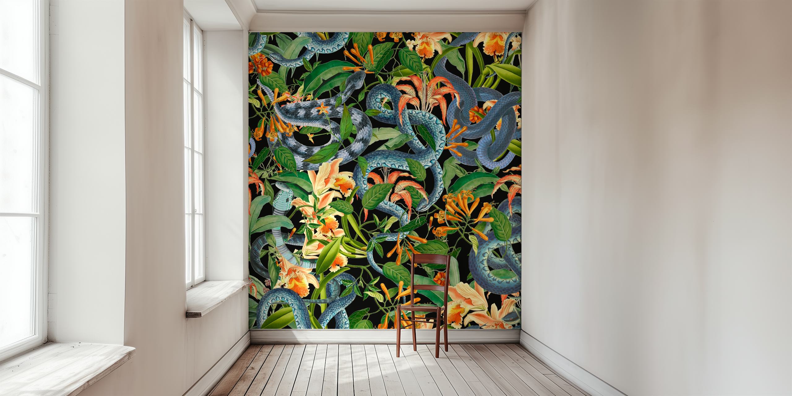 Colorful snakes and flowers on a black background wallpaper