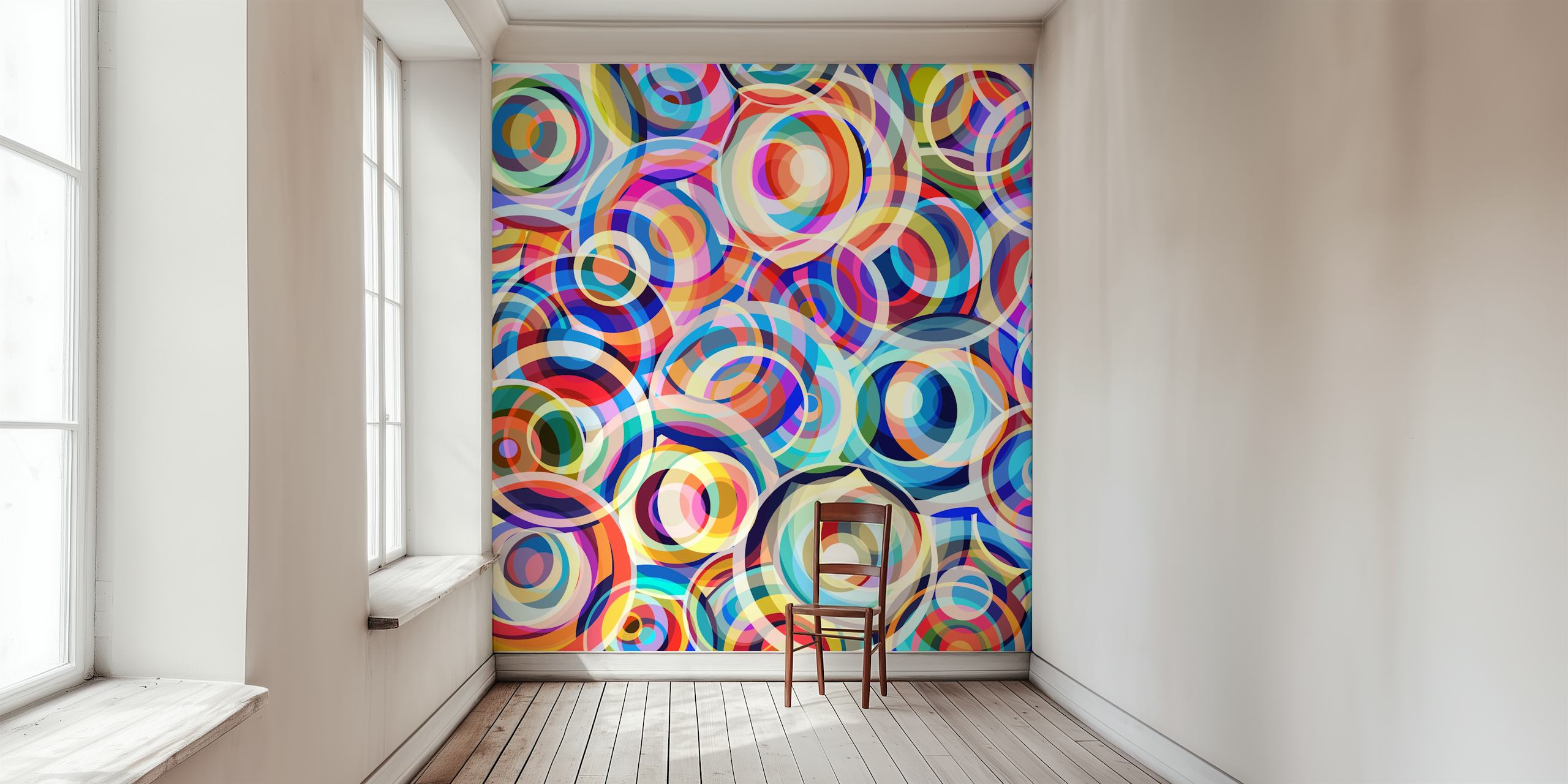 Geometric circles in vibrant colors including red, blue, and yellow, abstract wallpaper