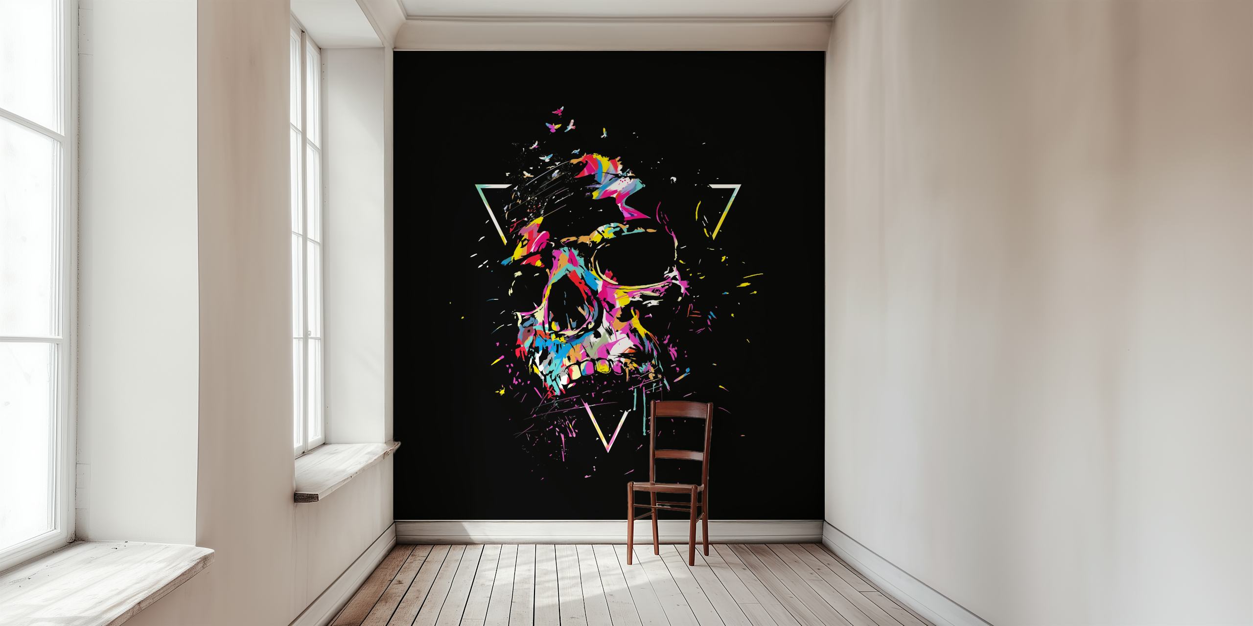 Colorful skull illustration with abstract splash patterns wallpaper