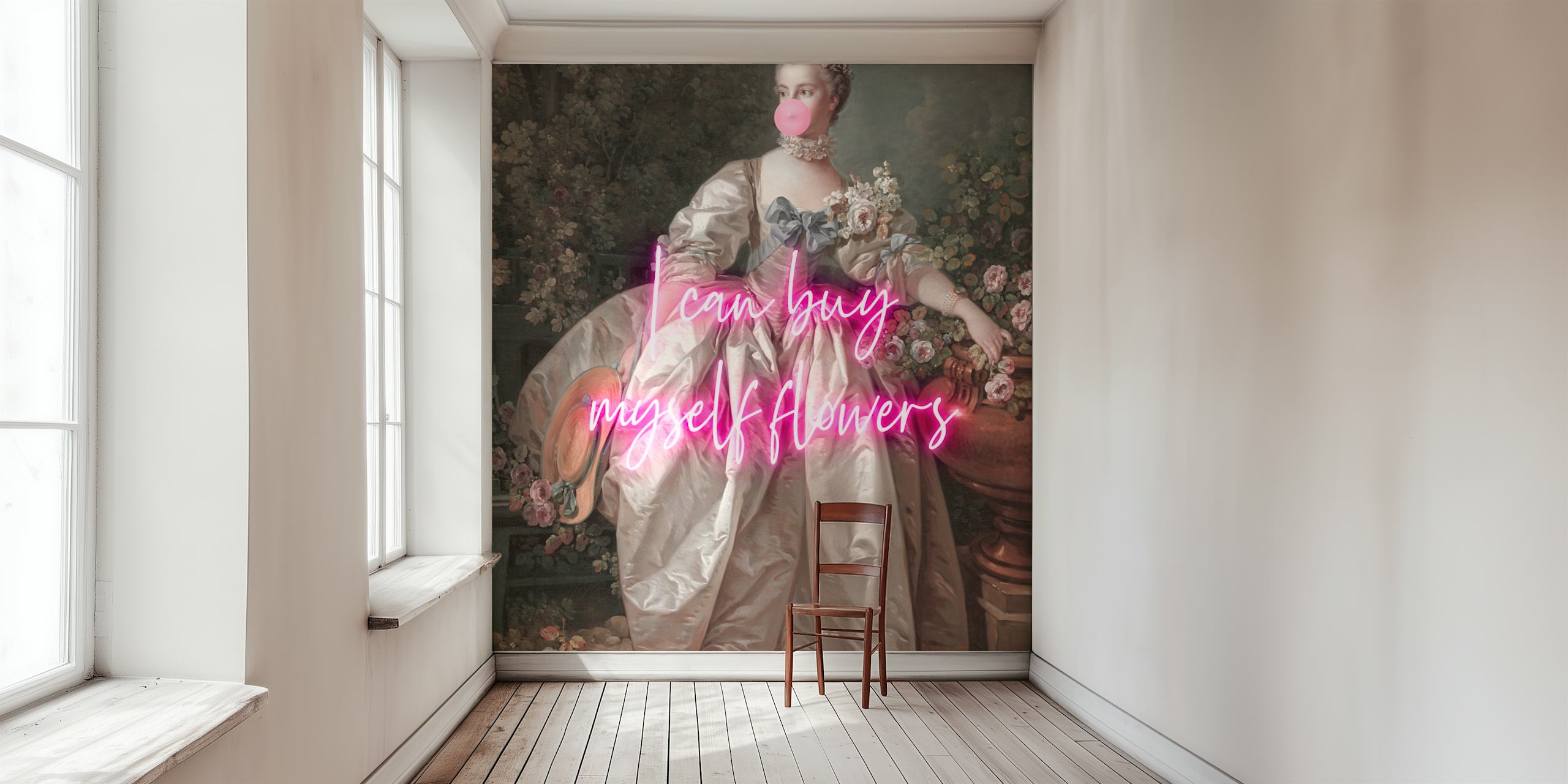Woman in vintage gown with floral elements and neon text wallpaper