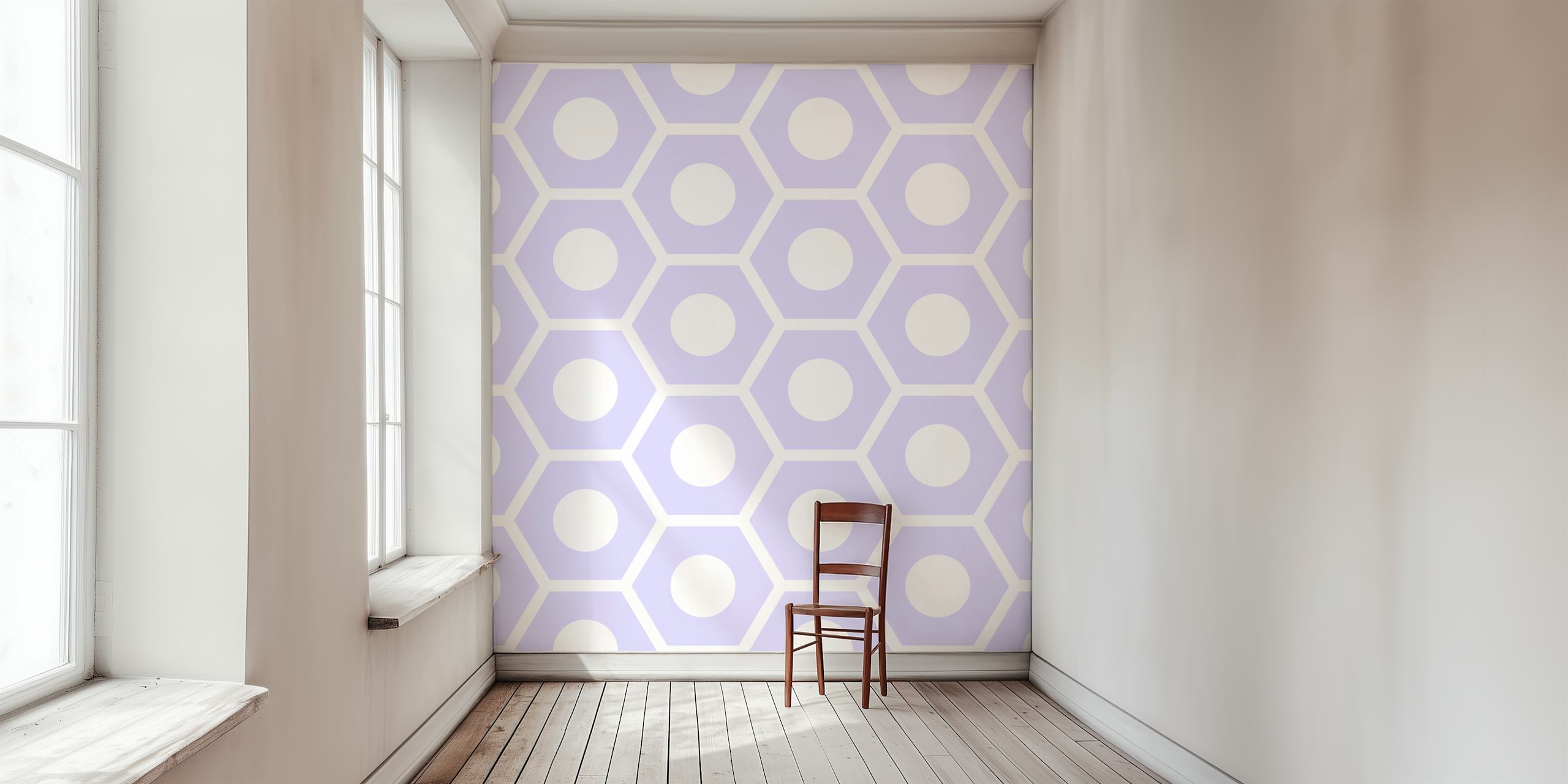 Violet geometric hexagon pattern with white circles wallpaper
