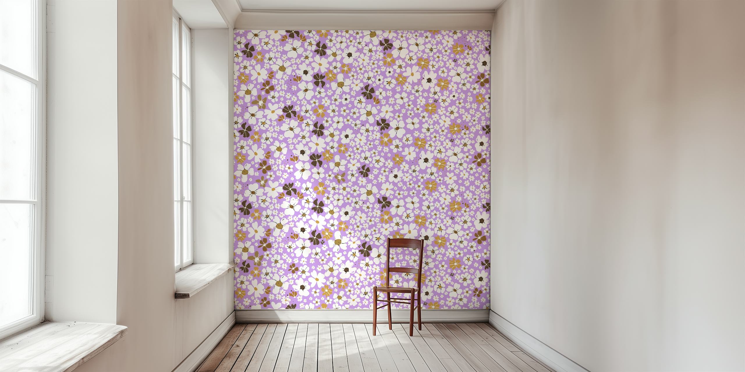 Small white and brown flowers on a lilac background vintage floral wallpaper
