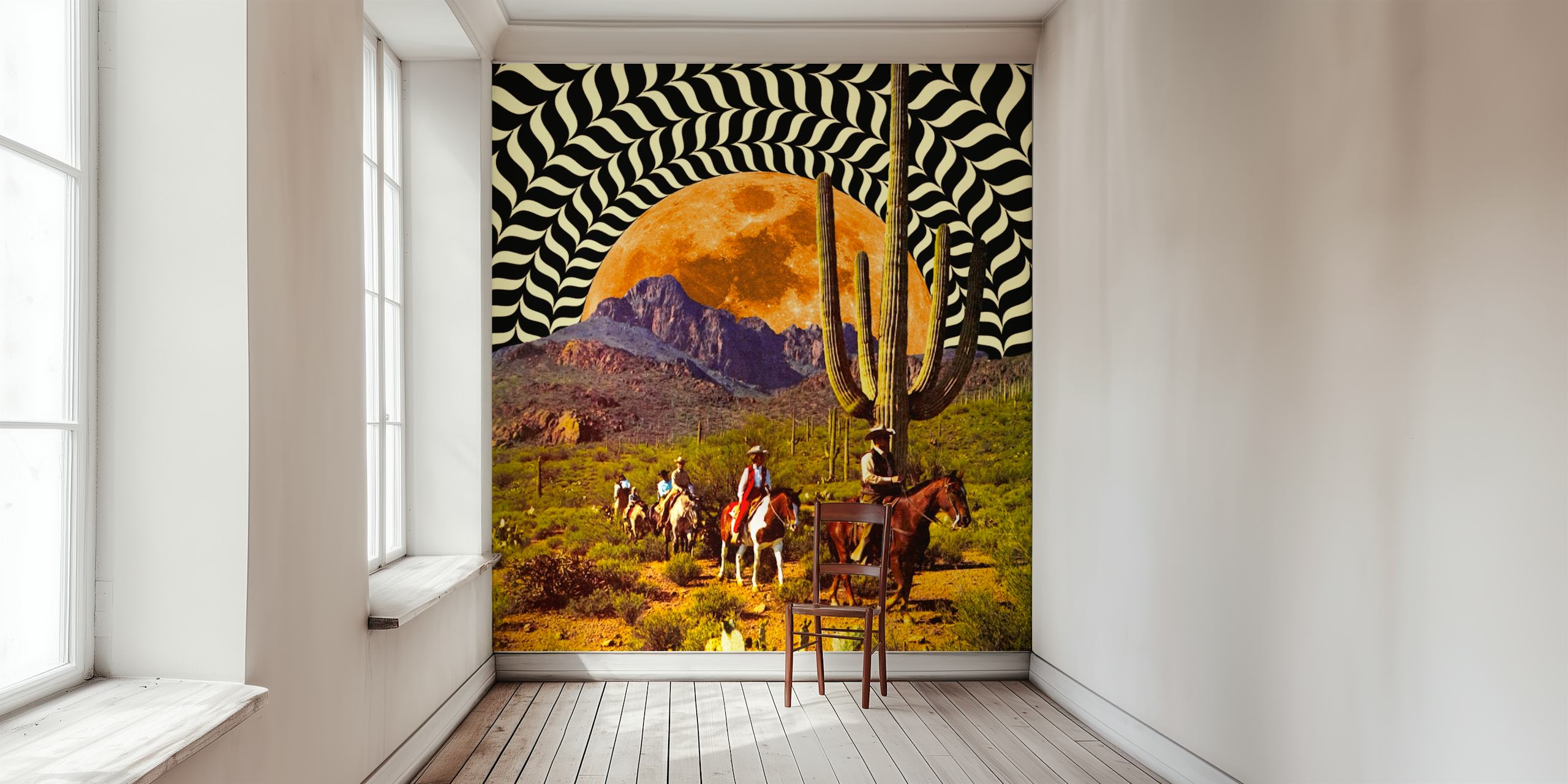 Fototapeta s optickým klamem s kovboji a obřím měsícem v pouštní scéně