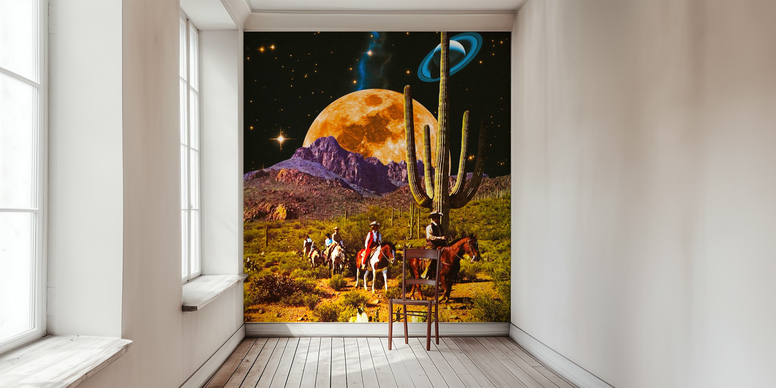 Fototapeta Space Cowboys s koňmi, kaktusem a prstencovým měsícem