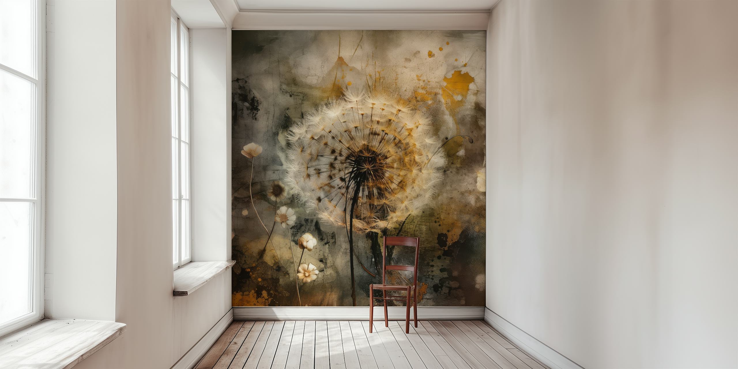 Dandelion floral design in earthy tones wallpaper