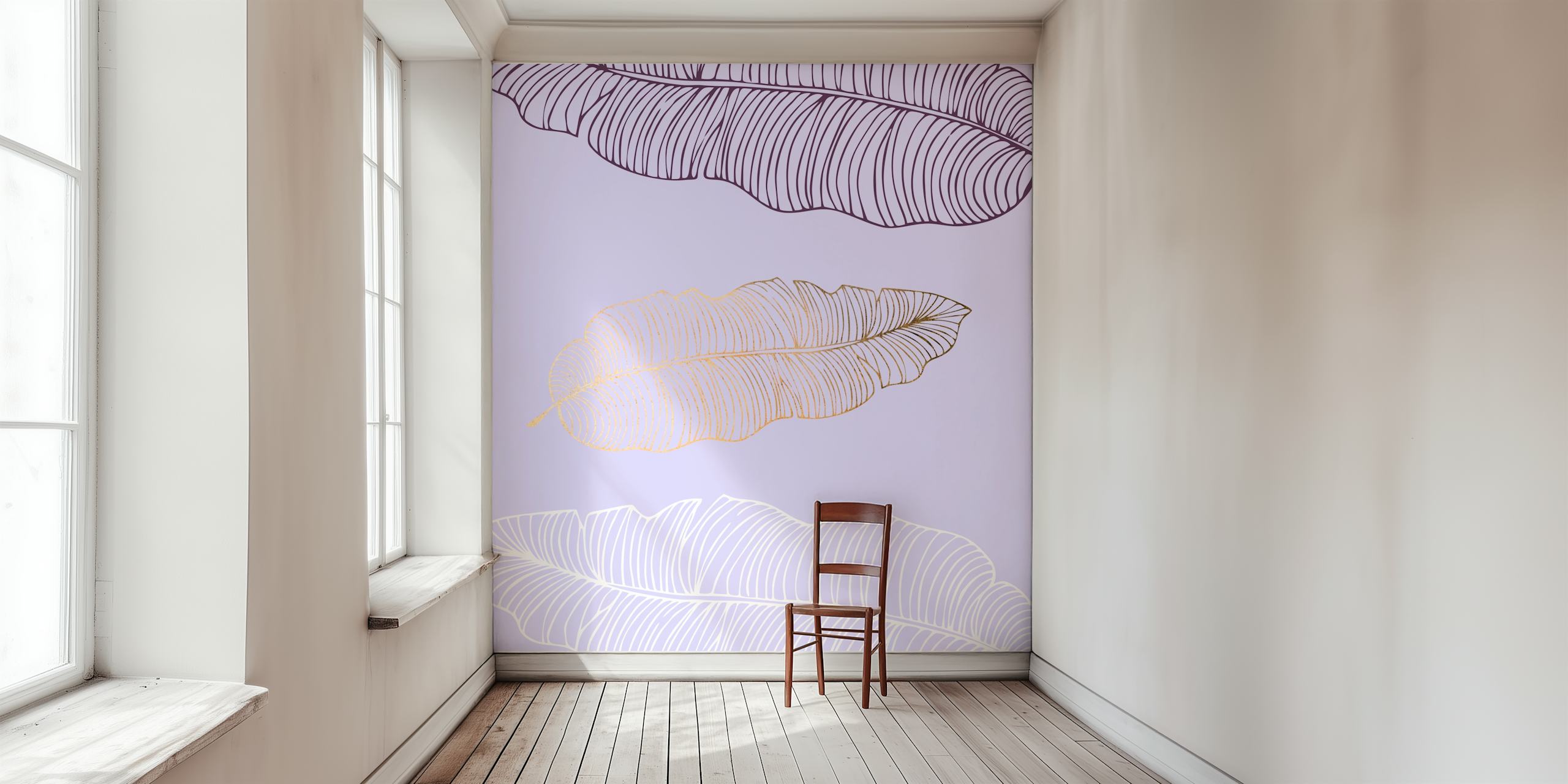 Pastel Lavender Palm Leaves wall mural with delicate white and yellow palm leaf outlines