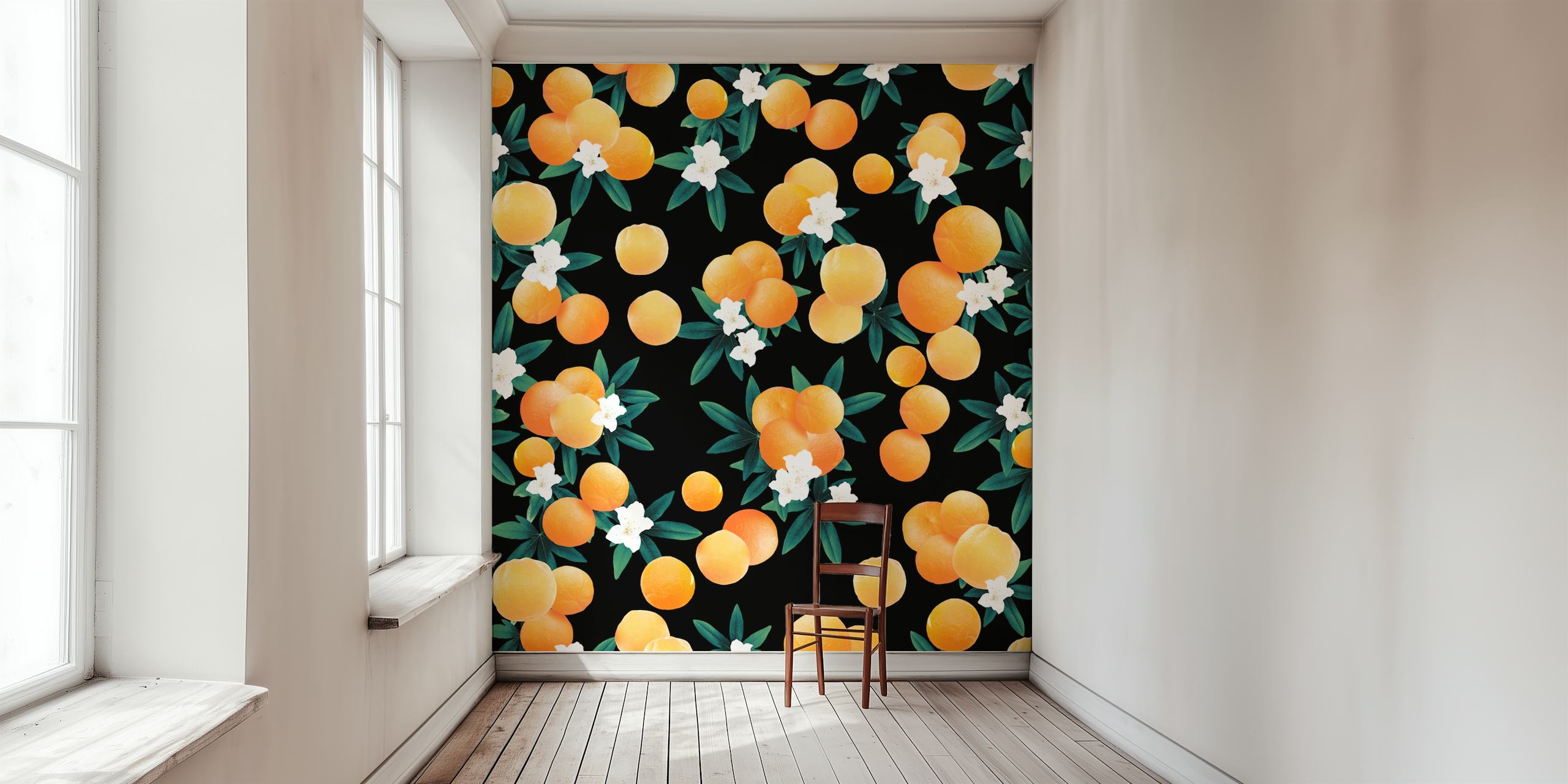 Pattern of orange fruits and white flowers on black wallpaper