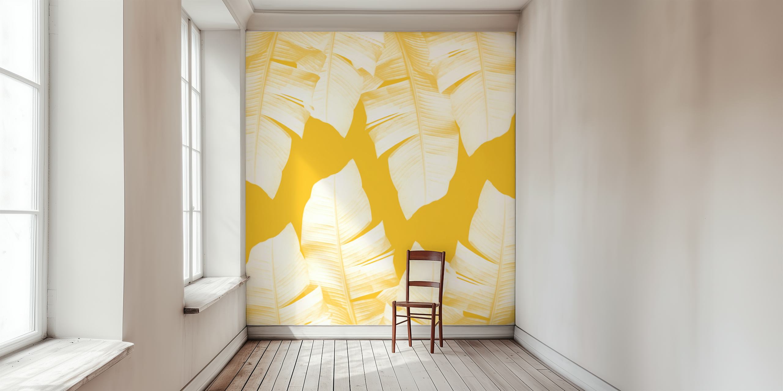 Tropical banana leaves in white on bright yellow wallpaper