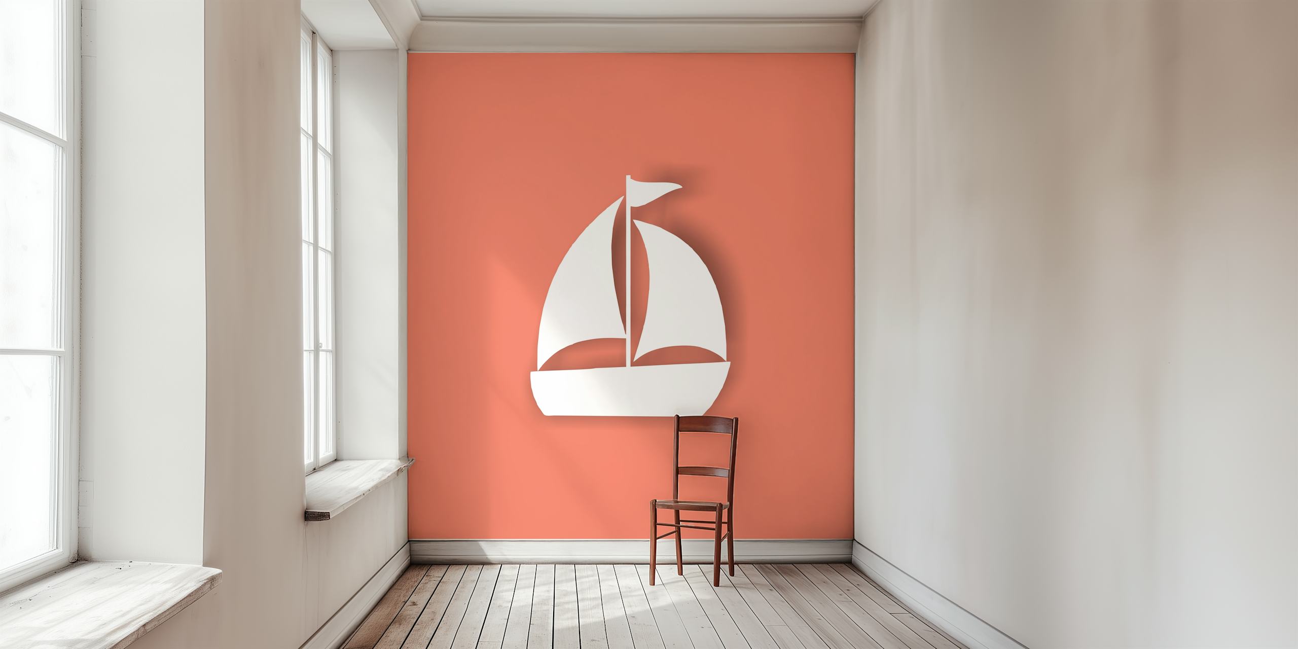 White sailing boat on coral background wallpaper