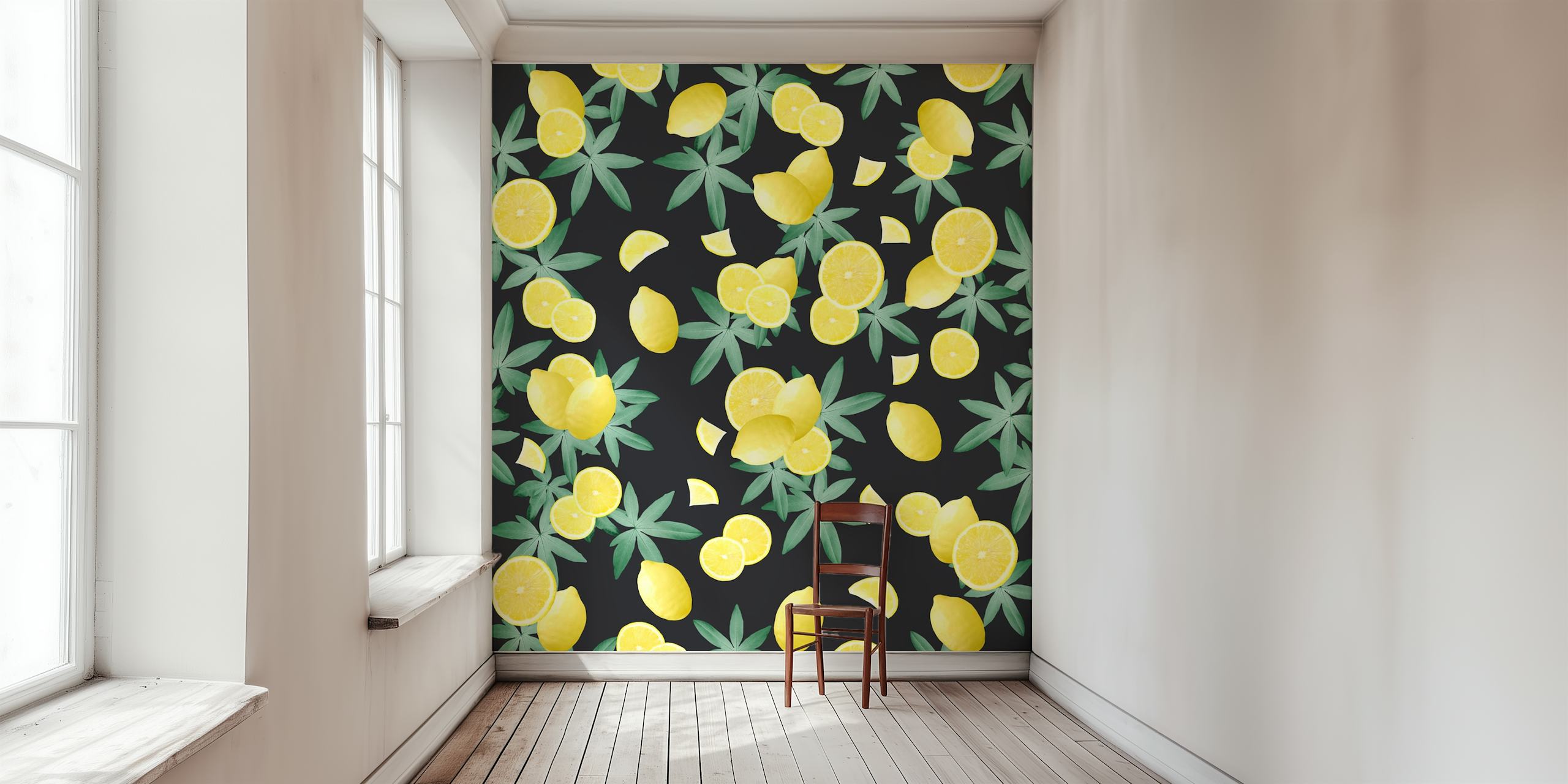 Fototapeta z motywem cytryny i liści na ciemnym tle