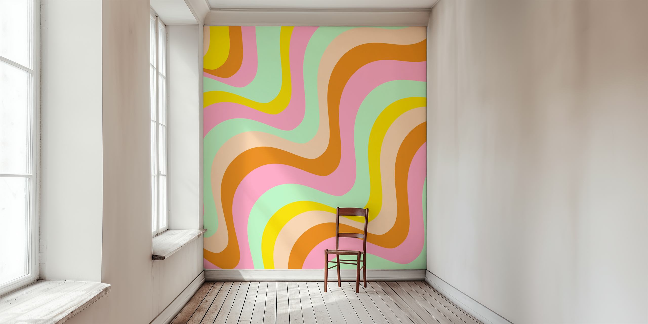 Retro curves wallpaper in pink, mint, yellow, and brown, abstract design