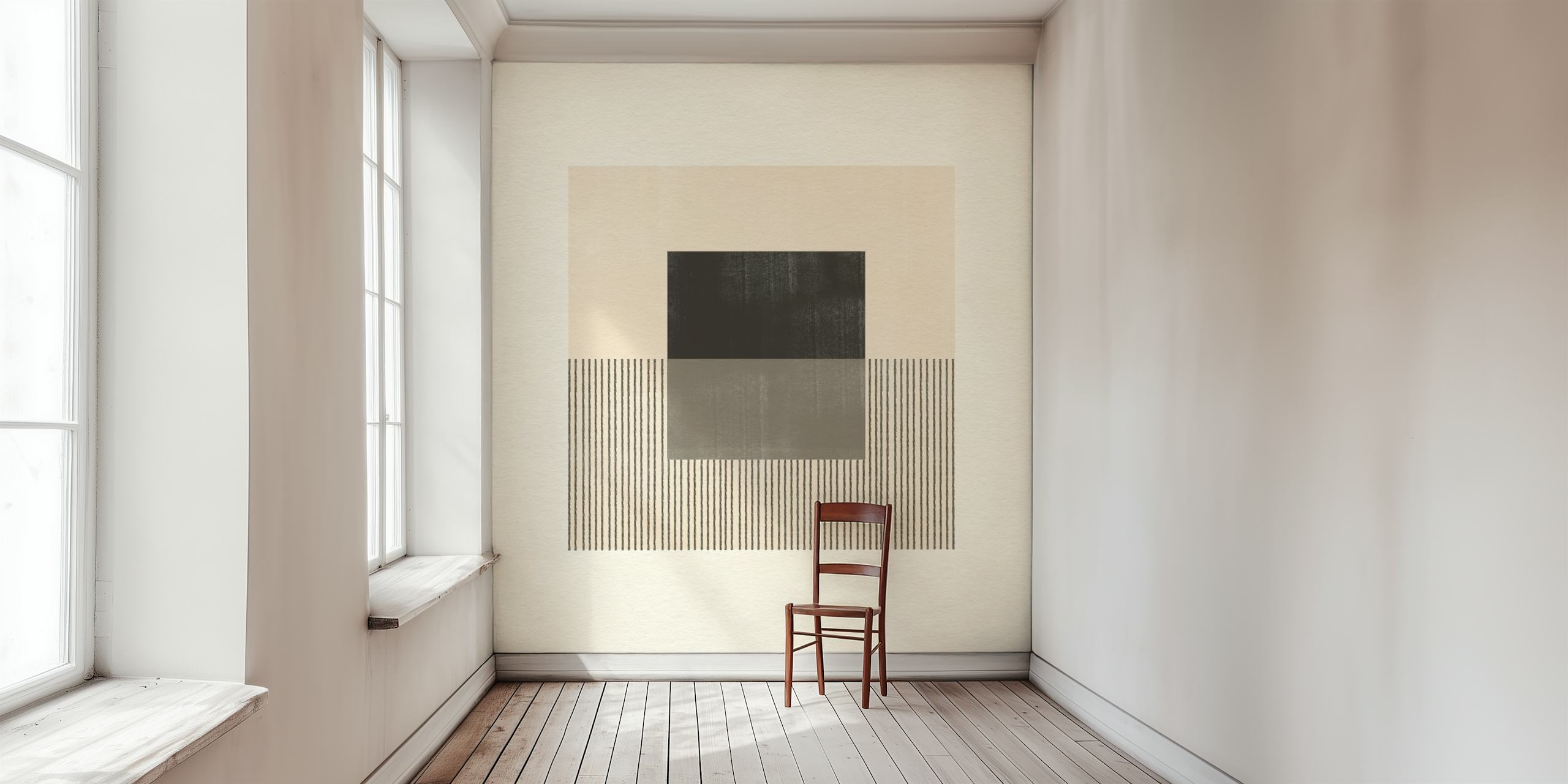 Japandi moderne compositie muurschildering met minimalistische schone lijnen en neutrale tinten