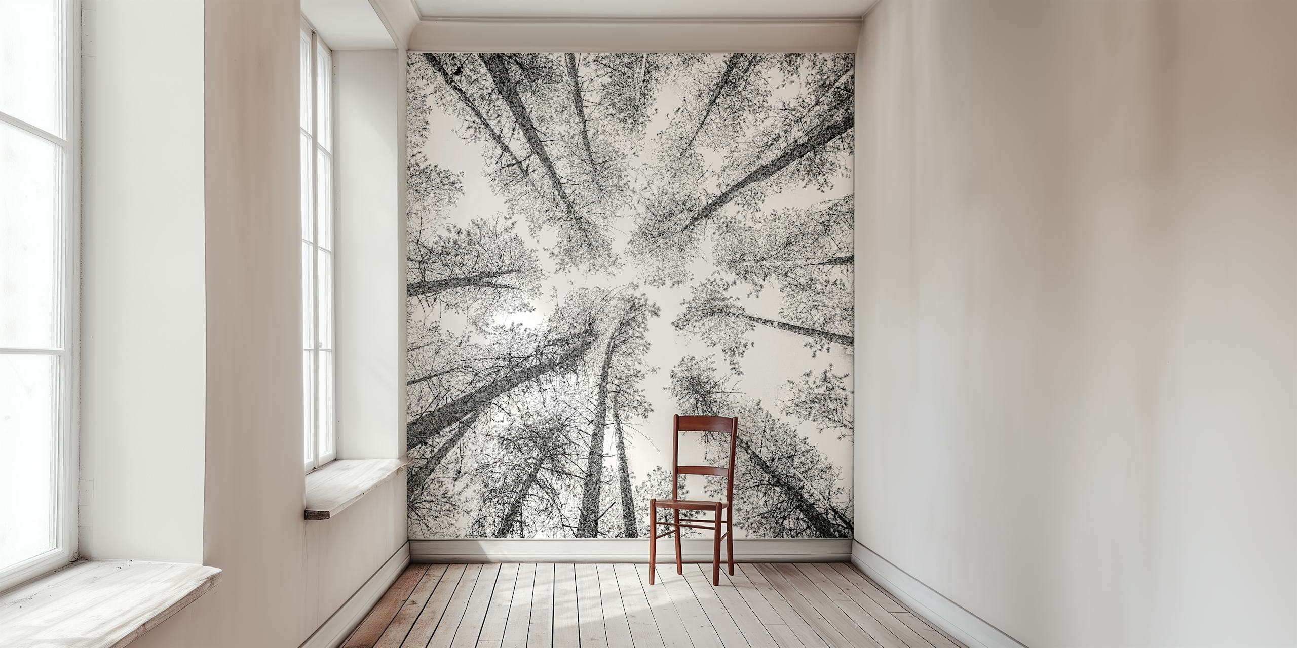 Upward view of a forest canopy wall mural in an etching style.