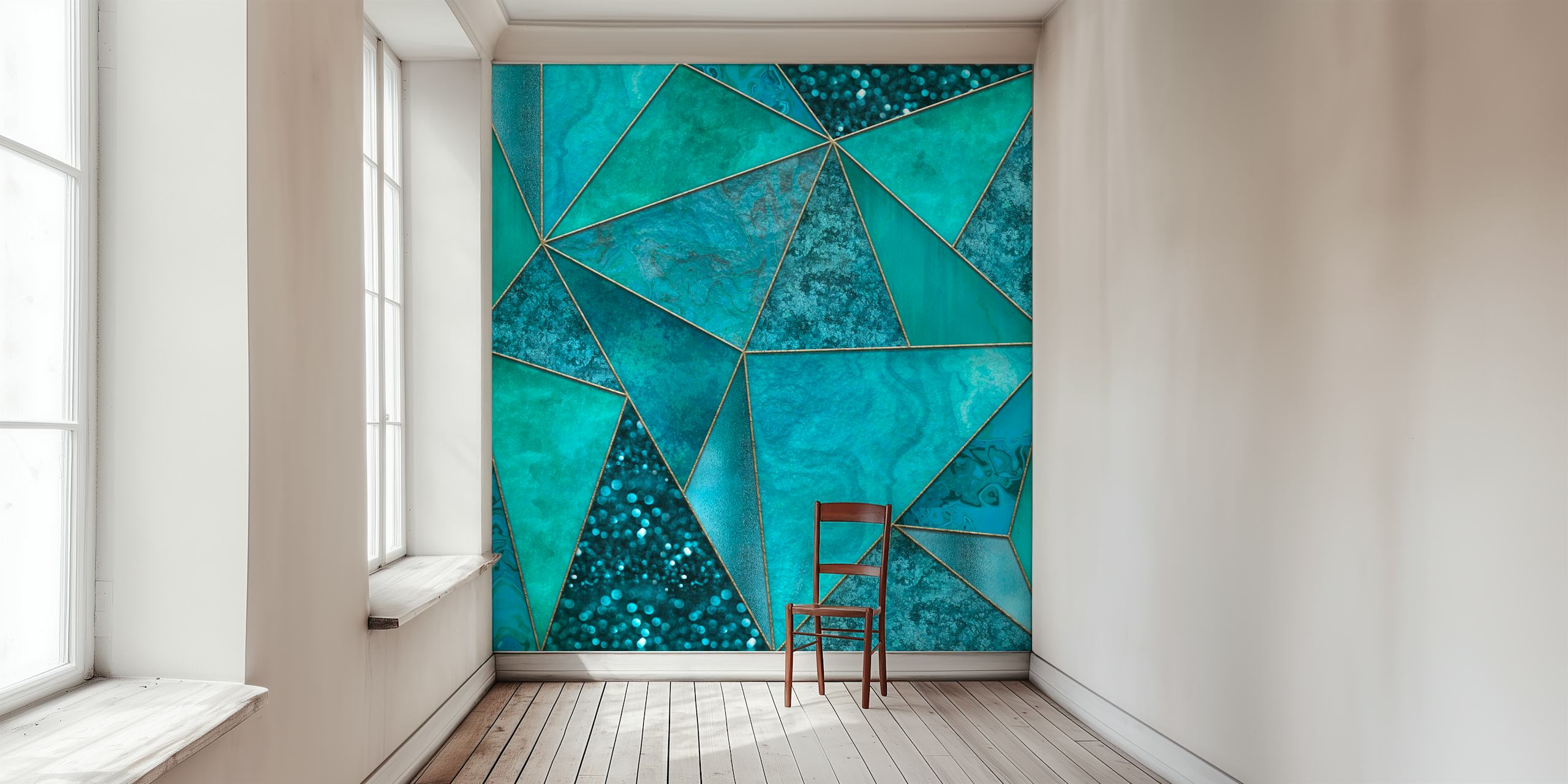 Luxury teal marble triangles wallpaper in a room