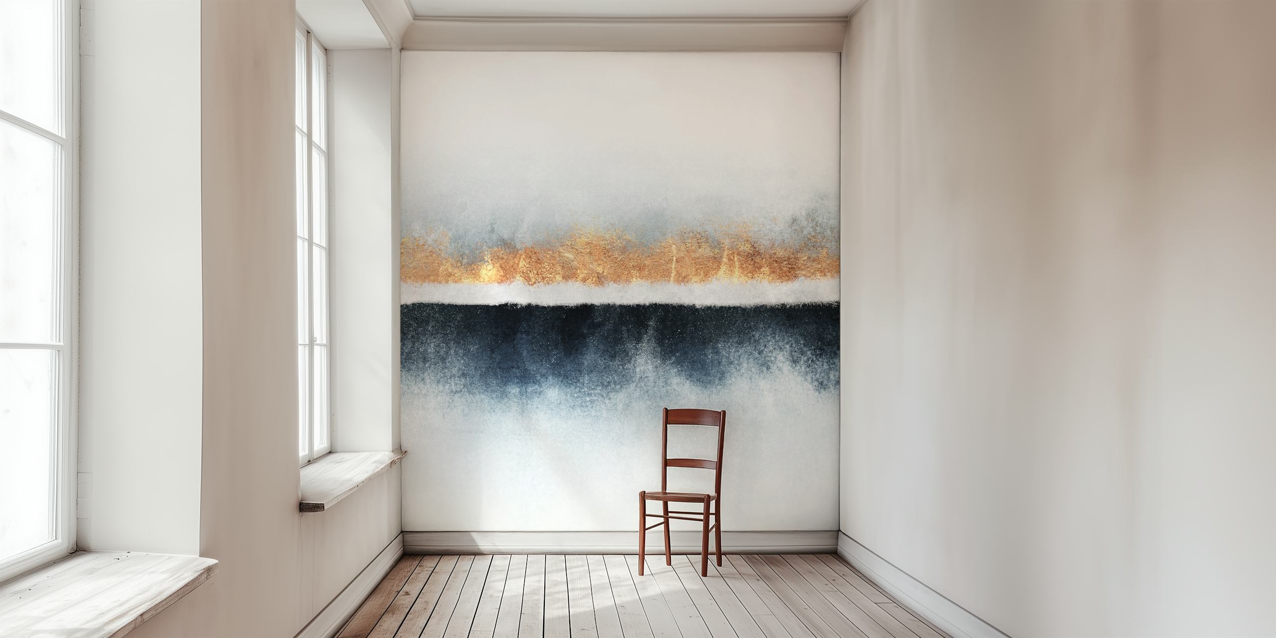 Abstrakcyjna fototapeta Horyzont z warstwami śnieżnobiałej, złotej i ciemnoniebieskiej