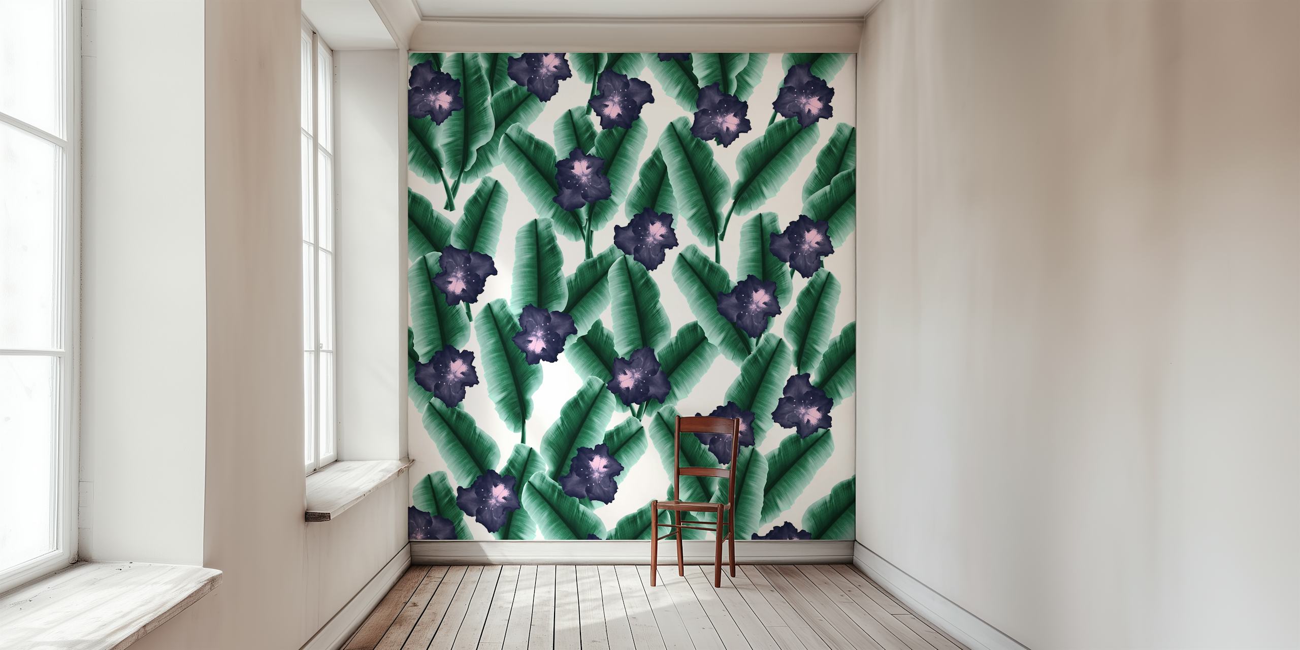 Banana leaves and flowers wallpaper design
