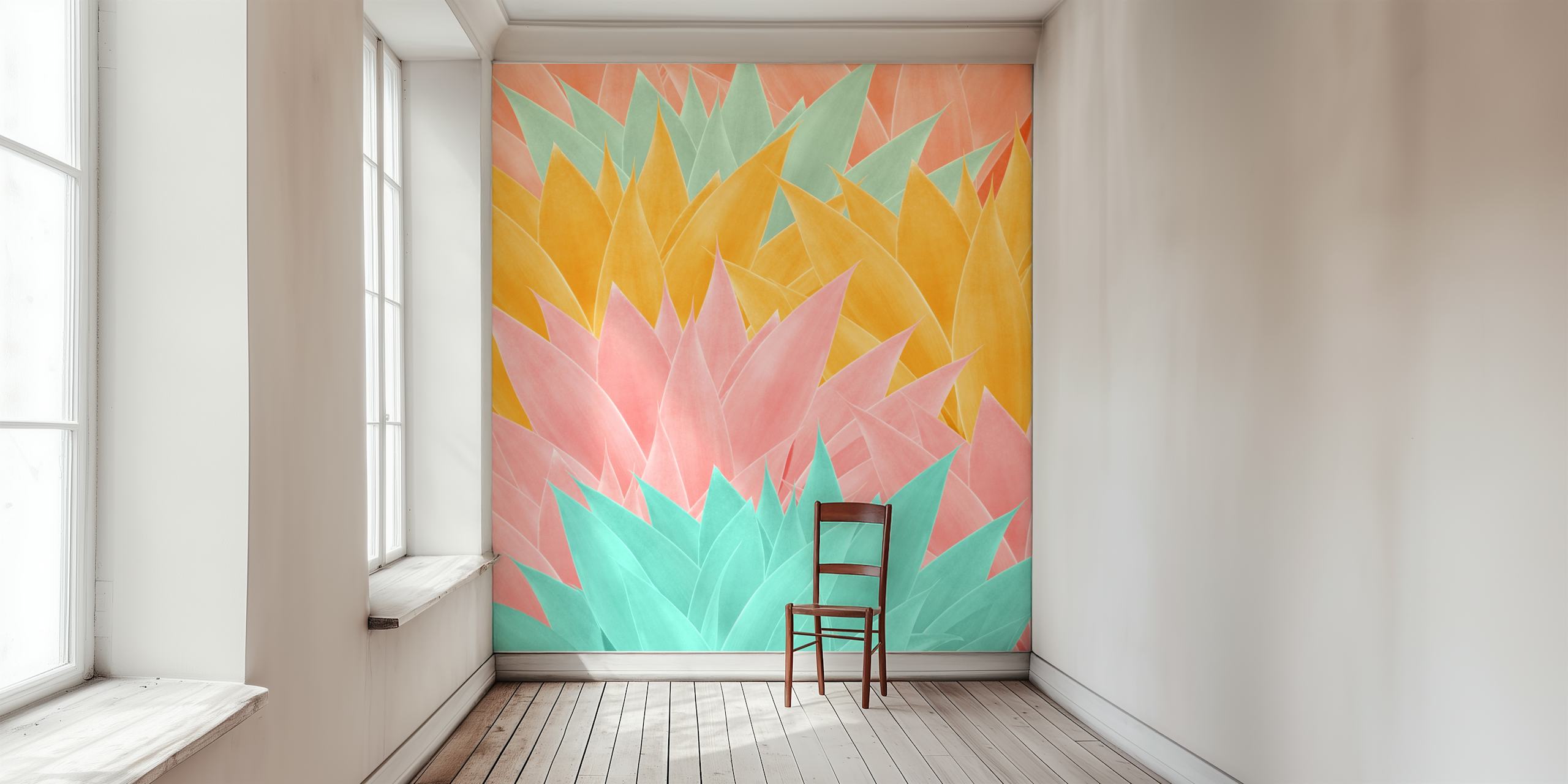 Colorful agave leaf pattern wall mural in shades of pink, yellow, and aqua for contemporary interior design.