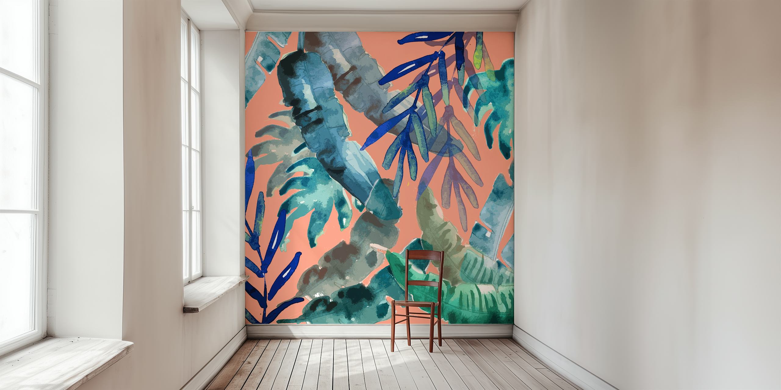 A watercolor-style wall mural with tropical leaves in blue, green, and coral hues on a pink background.