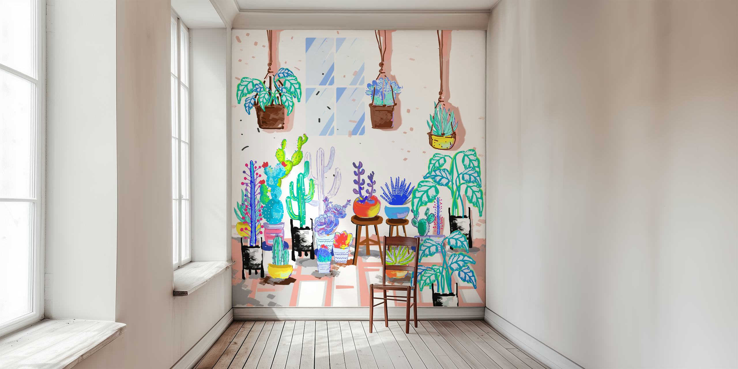 Illustrated house plants wall mural with various indoor greenery