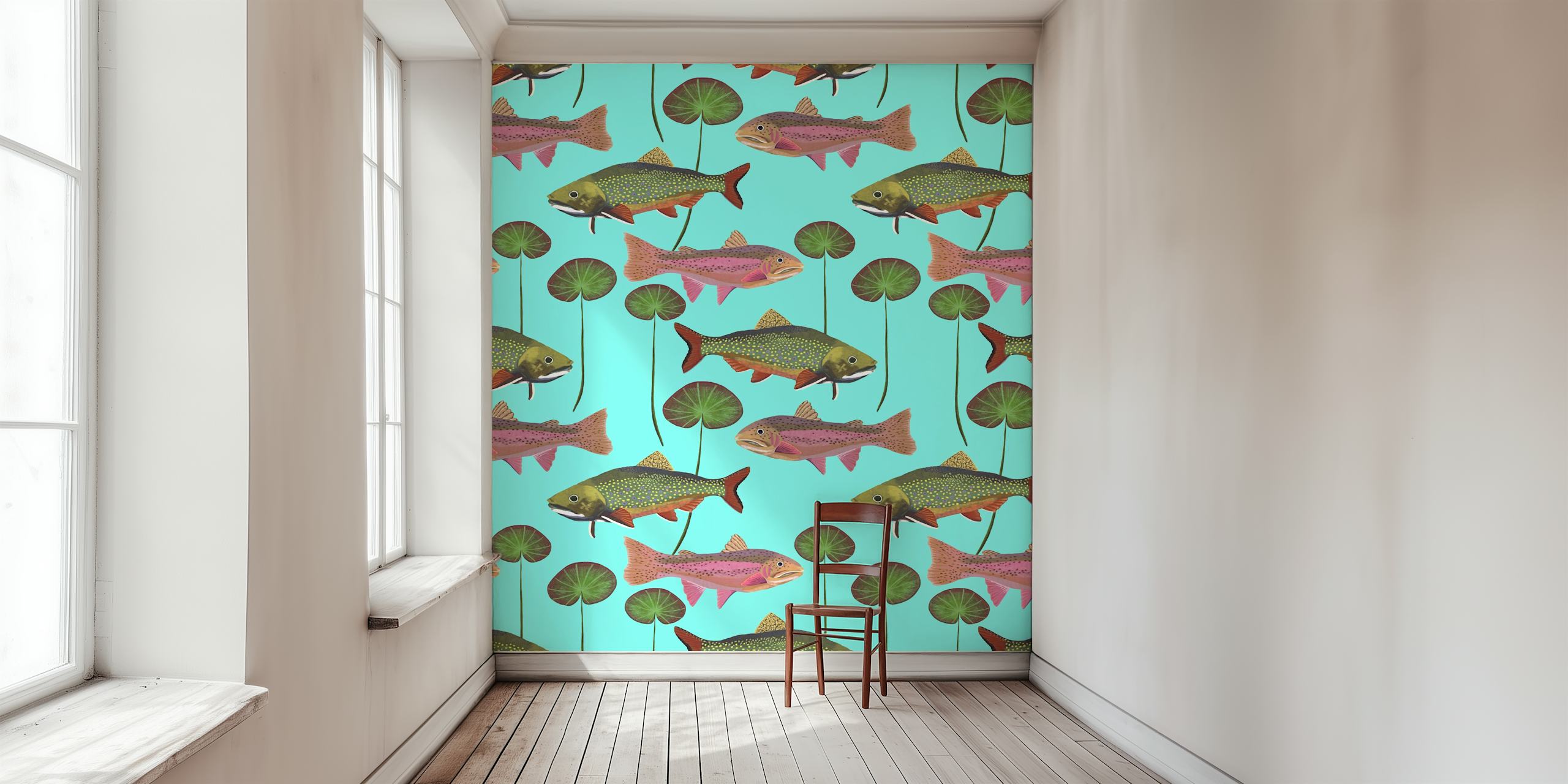 Trout and lily pads patterned wallpaper in blue