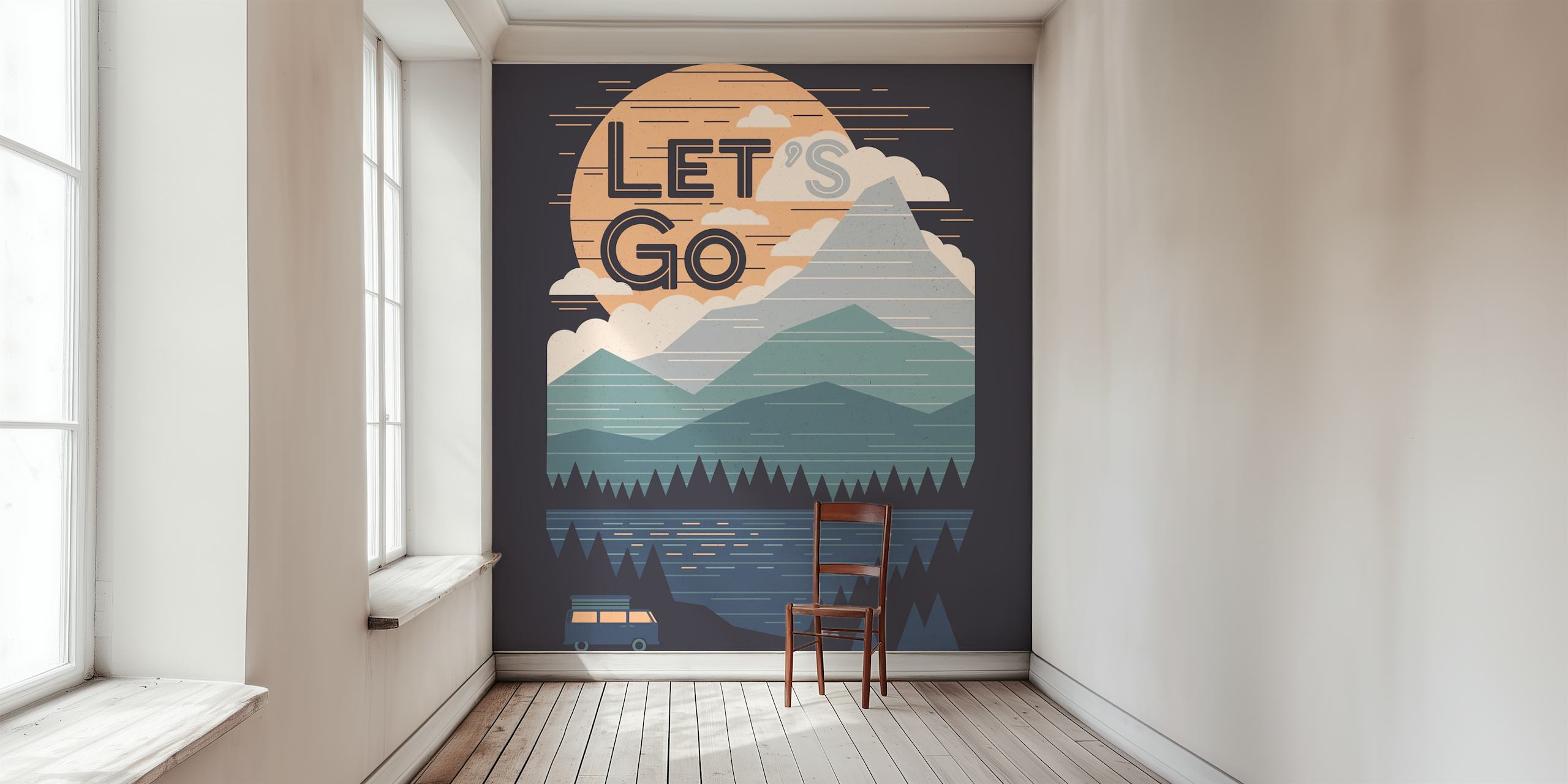 Havainnollistava seinämaalaus vuorilla, järvellä ja Let's Go -tekstillä vangitsemassa seikkailun henkeä