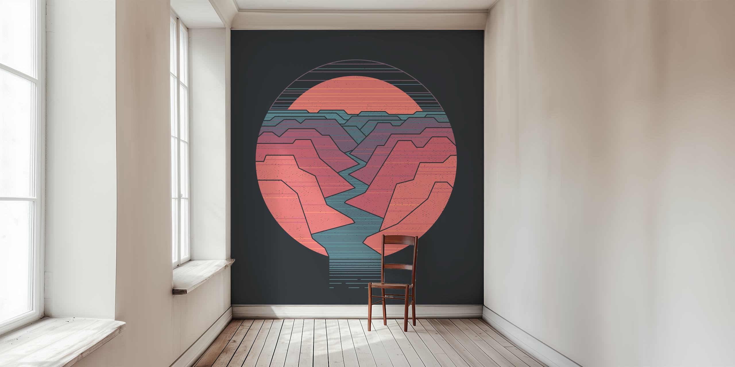 Canyon River artwork featuring pastel layered mountains and a river wall mural