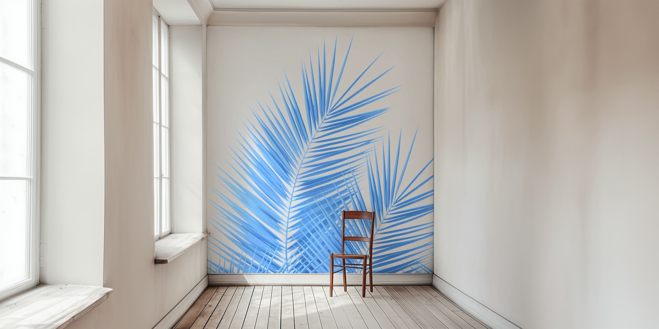 Blue tropical palm leaves on gray background wallpaper