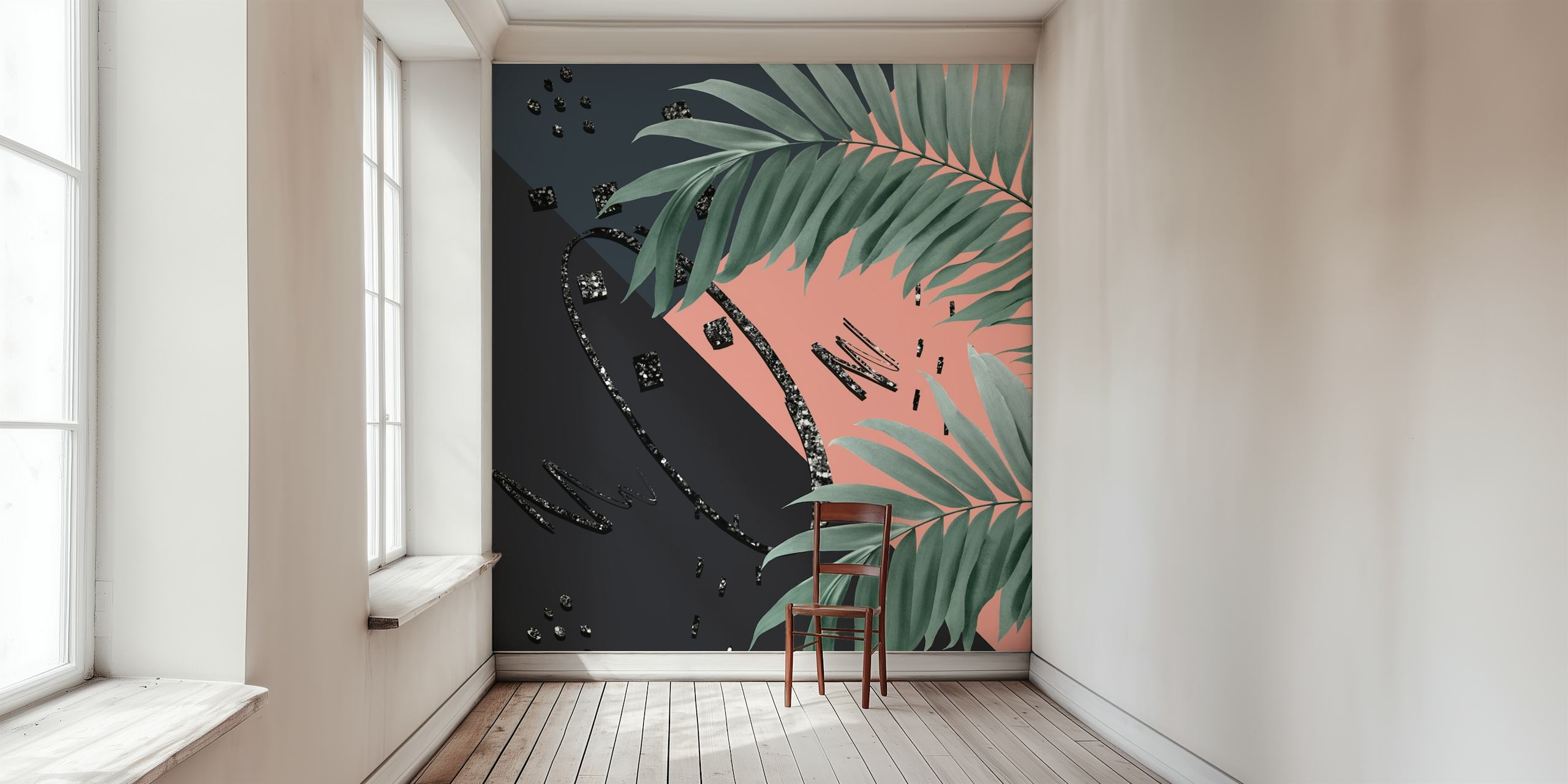 Tropical palm leaves on a pink and black background wallpaper