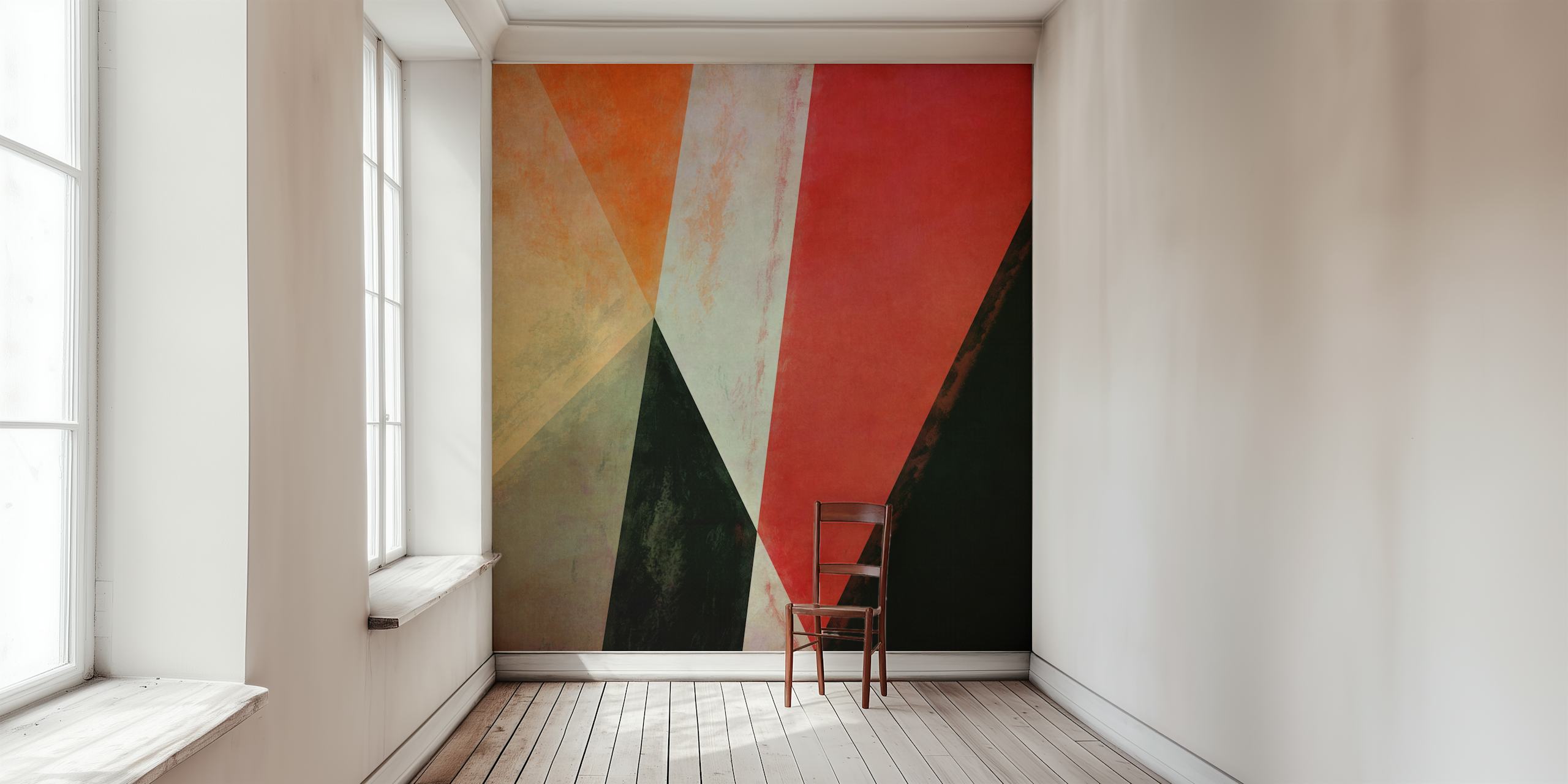 Abstract geometric wall mural with interlocking shapes in red, black, and orange