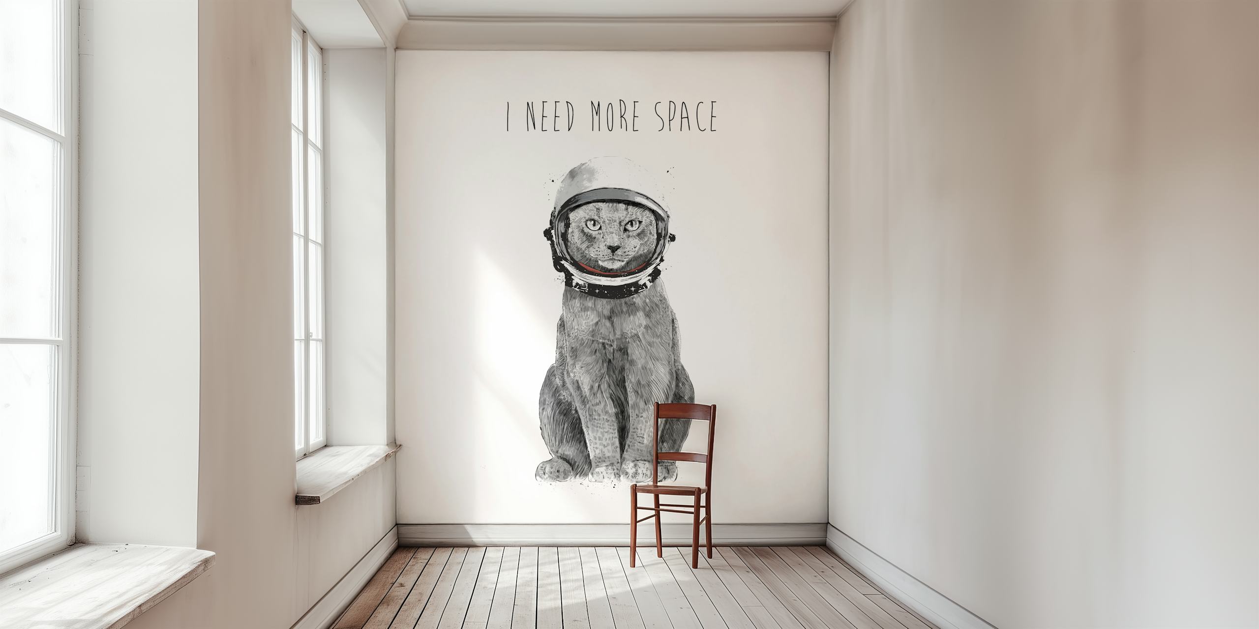 Fotomural gato con casco de astronauta y texto Necesito más espacio