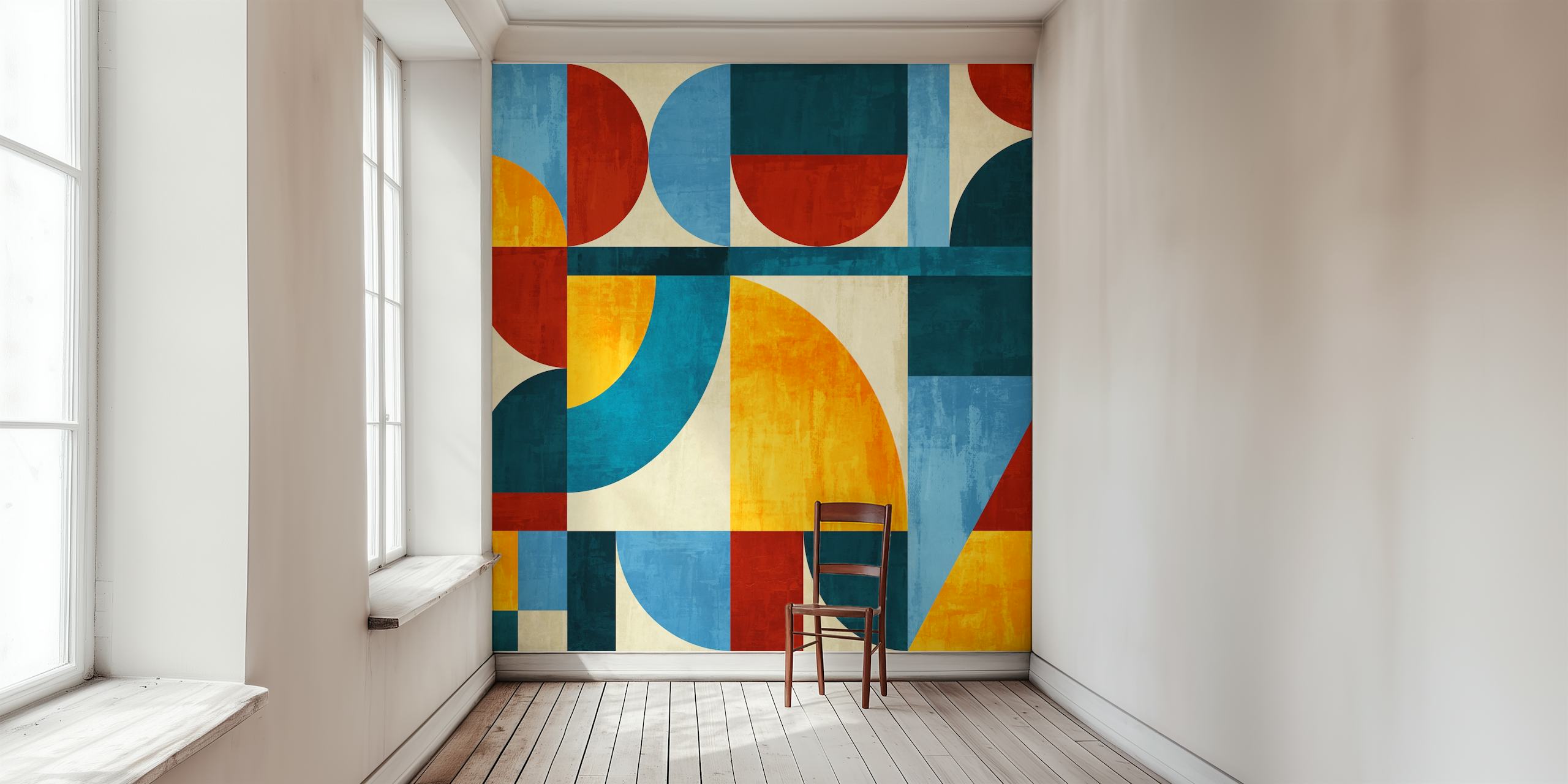 Colorful geometric shapes in red, blue, yellow on a textured background wallpaper