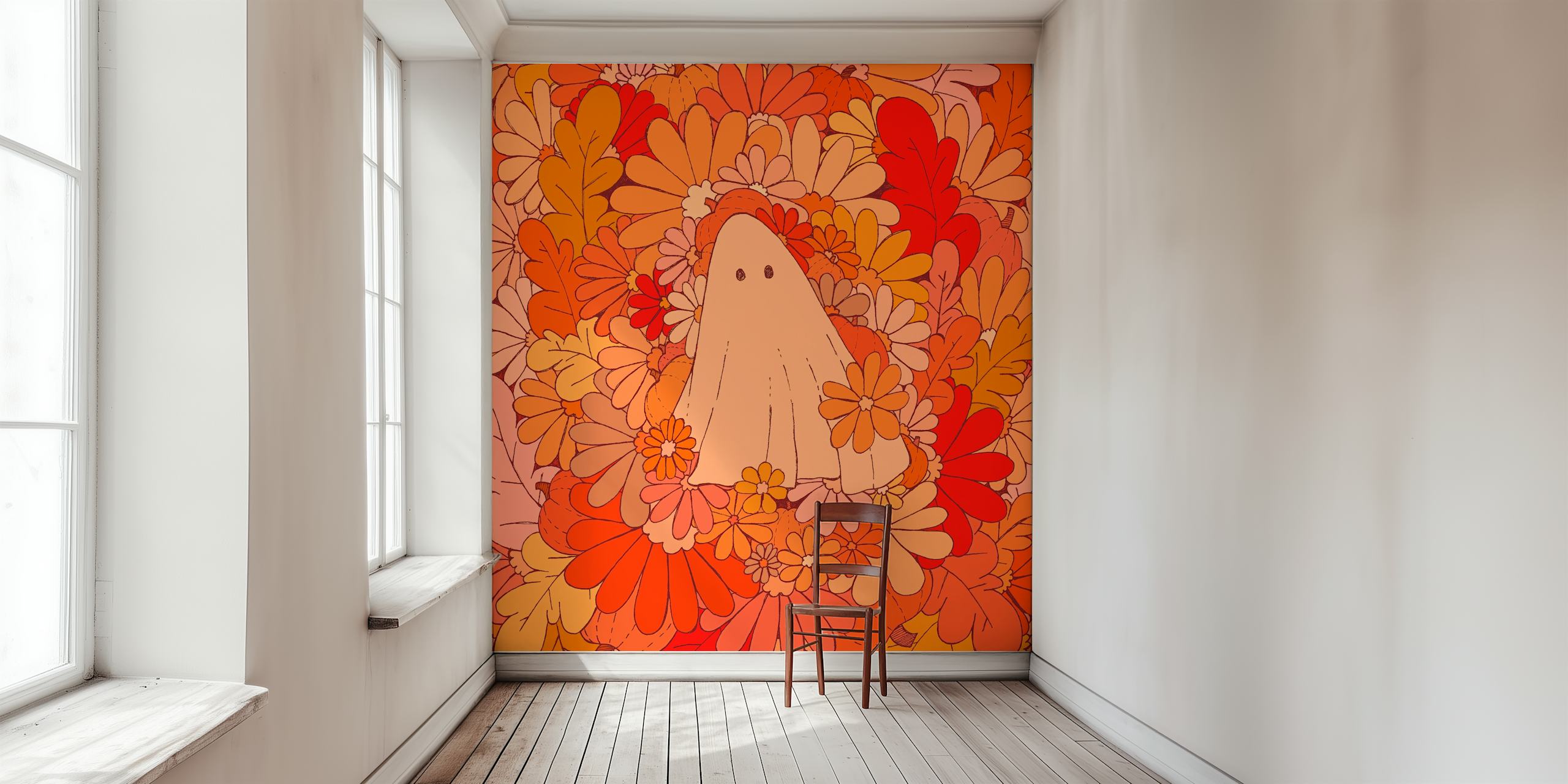 Ghost among colorful flowers in orange, pink, and red tones wallpaper
