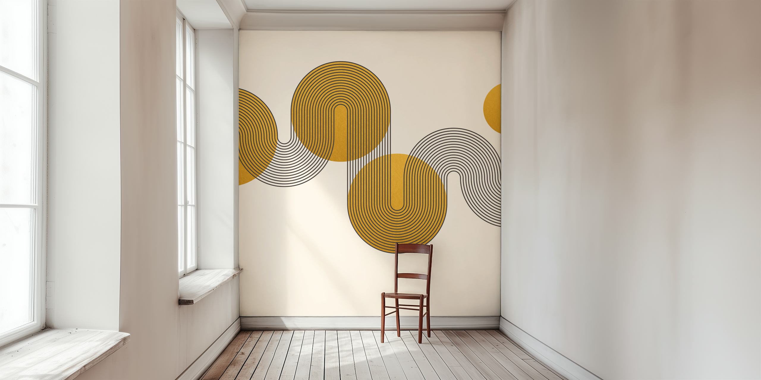 Curvy Bauhaus gold circles with black lines wallpaper