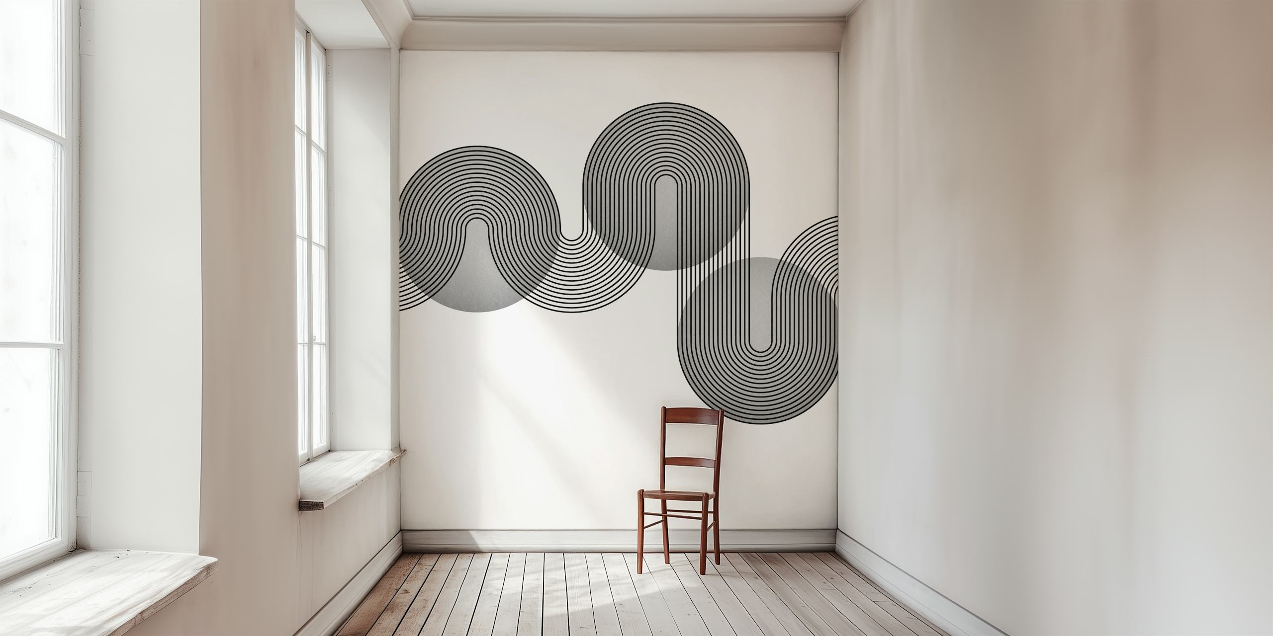 Schwarz-weiße geometrische Tapete mit geschwungenen Linien und Kreisen
