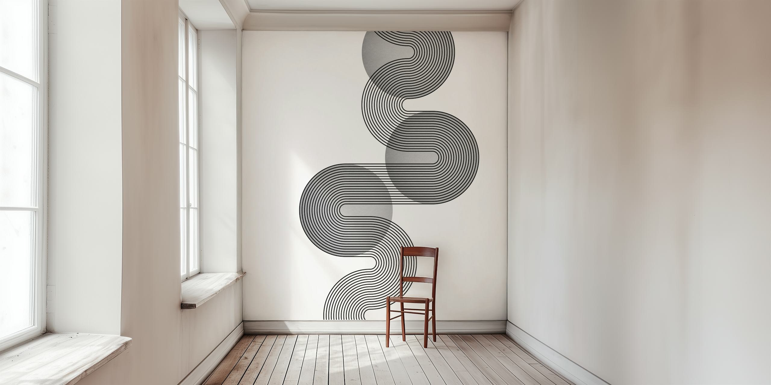 Monochrome Bauhaus-inspired wall mural with intertwined geometric shapes in platinum hues