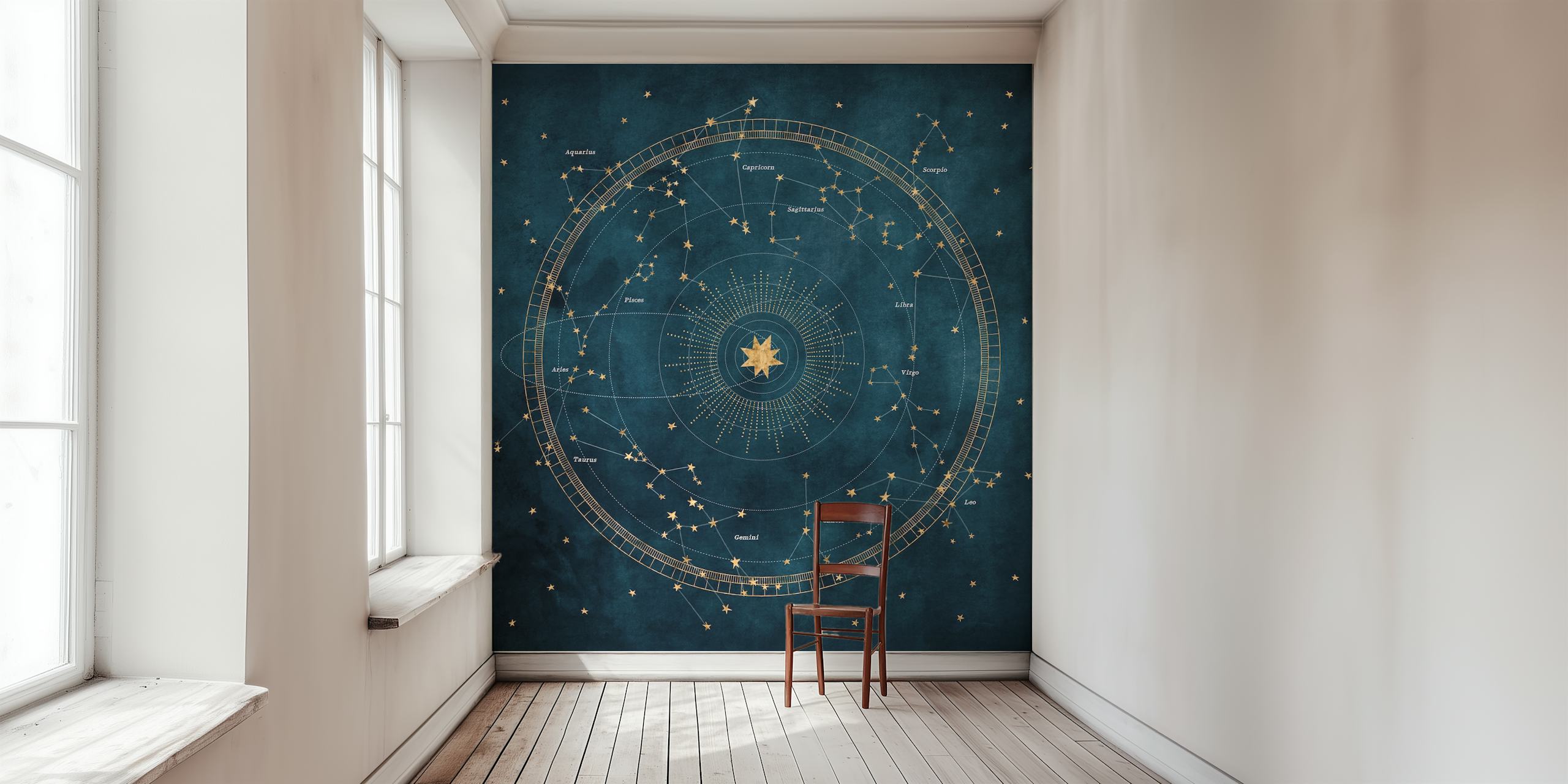 Astrologisches Wandbild im Vintage-Stil mit Himmelsdiagrammen und goldenen Symbolen auf petrolblauem Hintergrund.