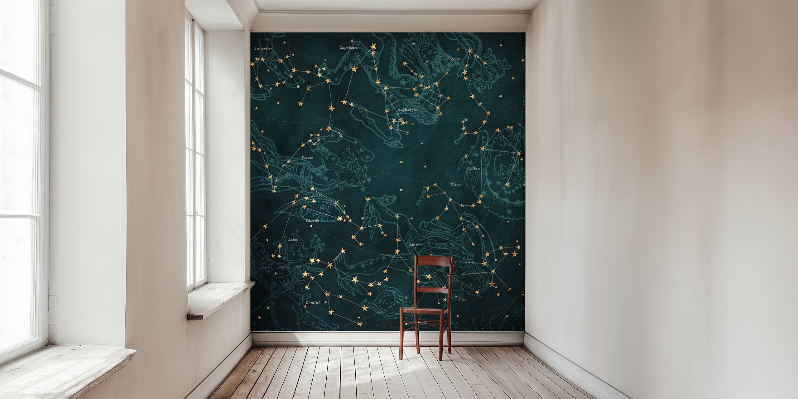 Petrol starry constellation wallpaper with gold outlines in celestial style