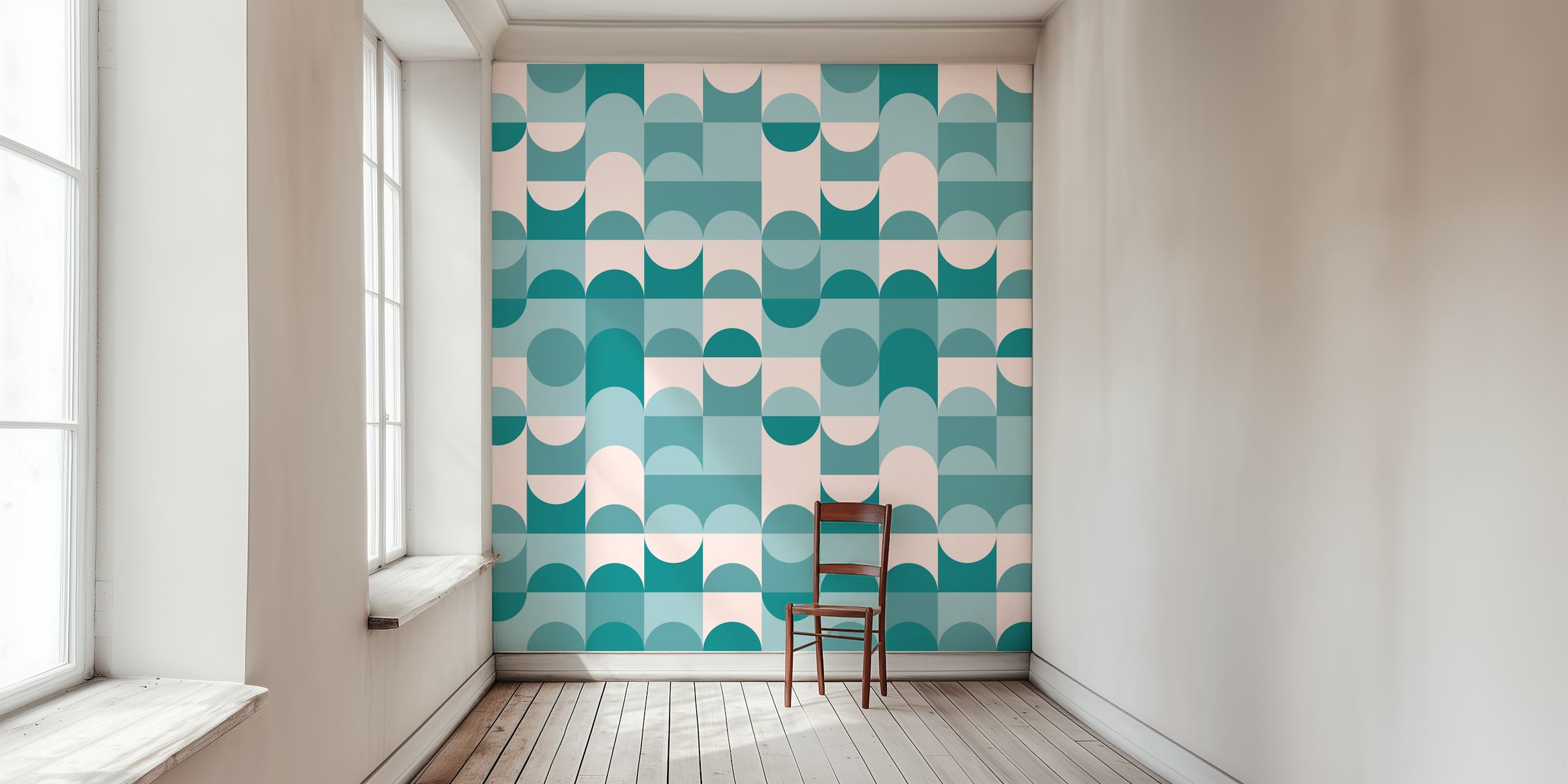 Geometric Retro Shapes Wall Mural in Teal and Beige