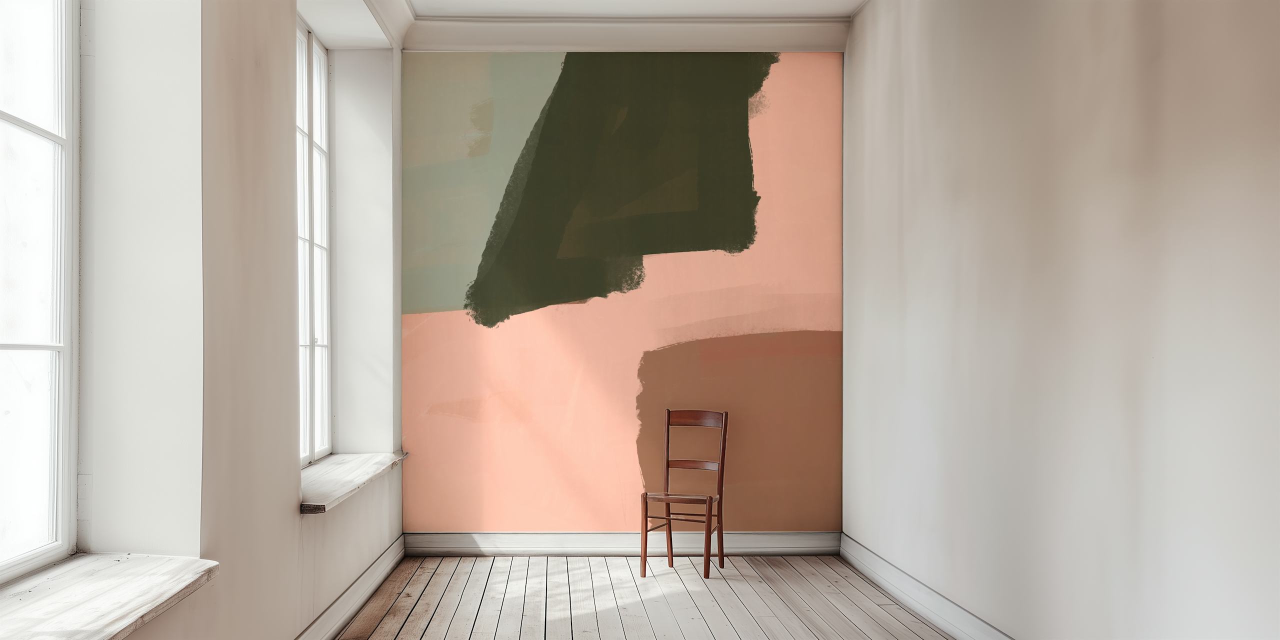 Abstract pink, green, and dark brown brushstroke wallpaper