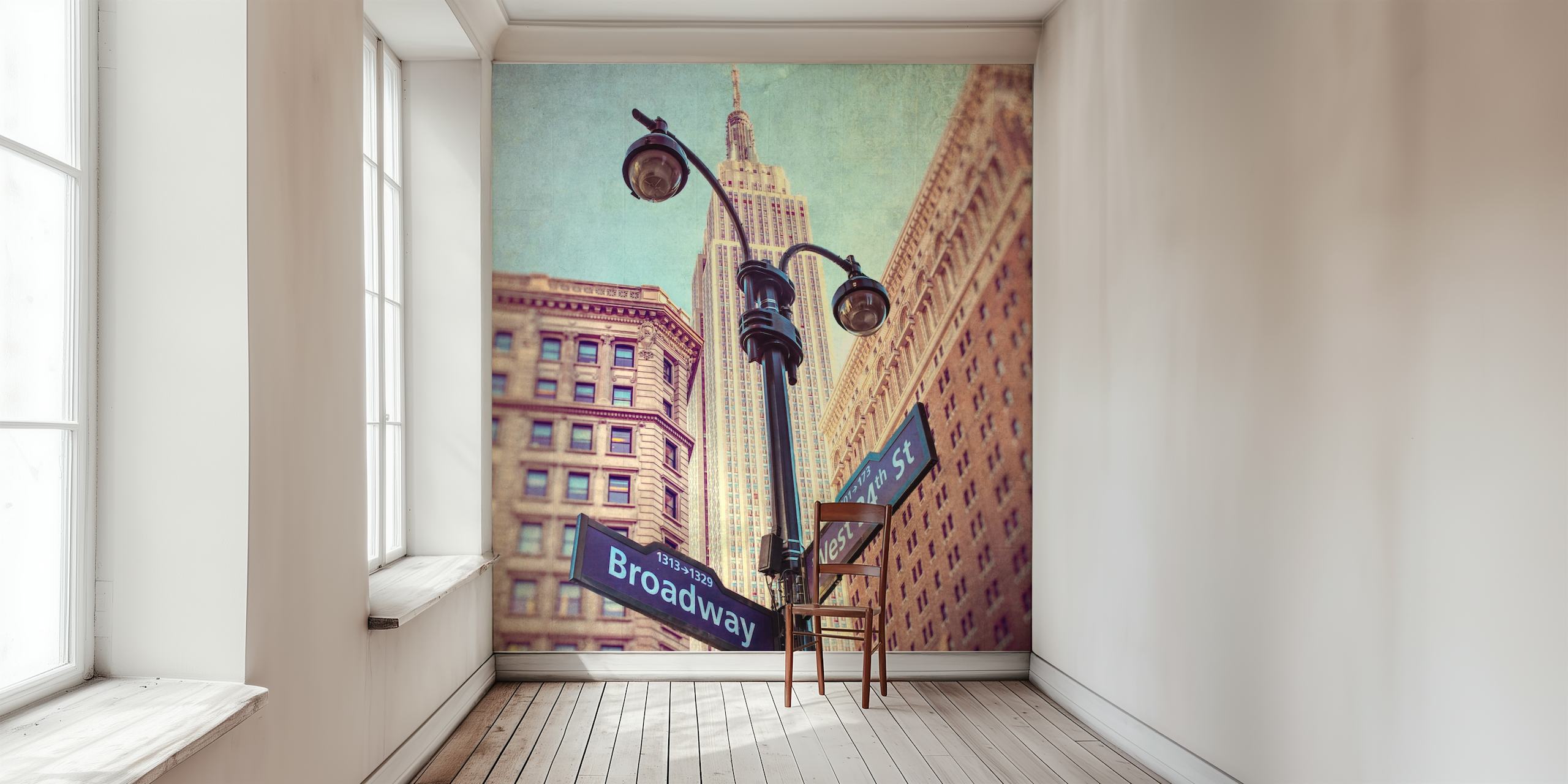 Vintage New York City street scene with signs and buildings wallpaper
