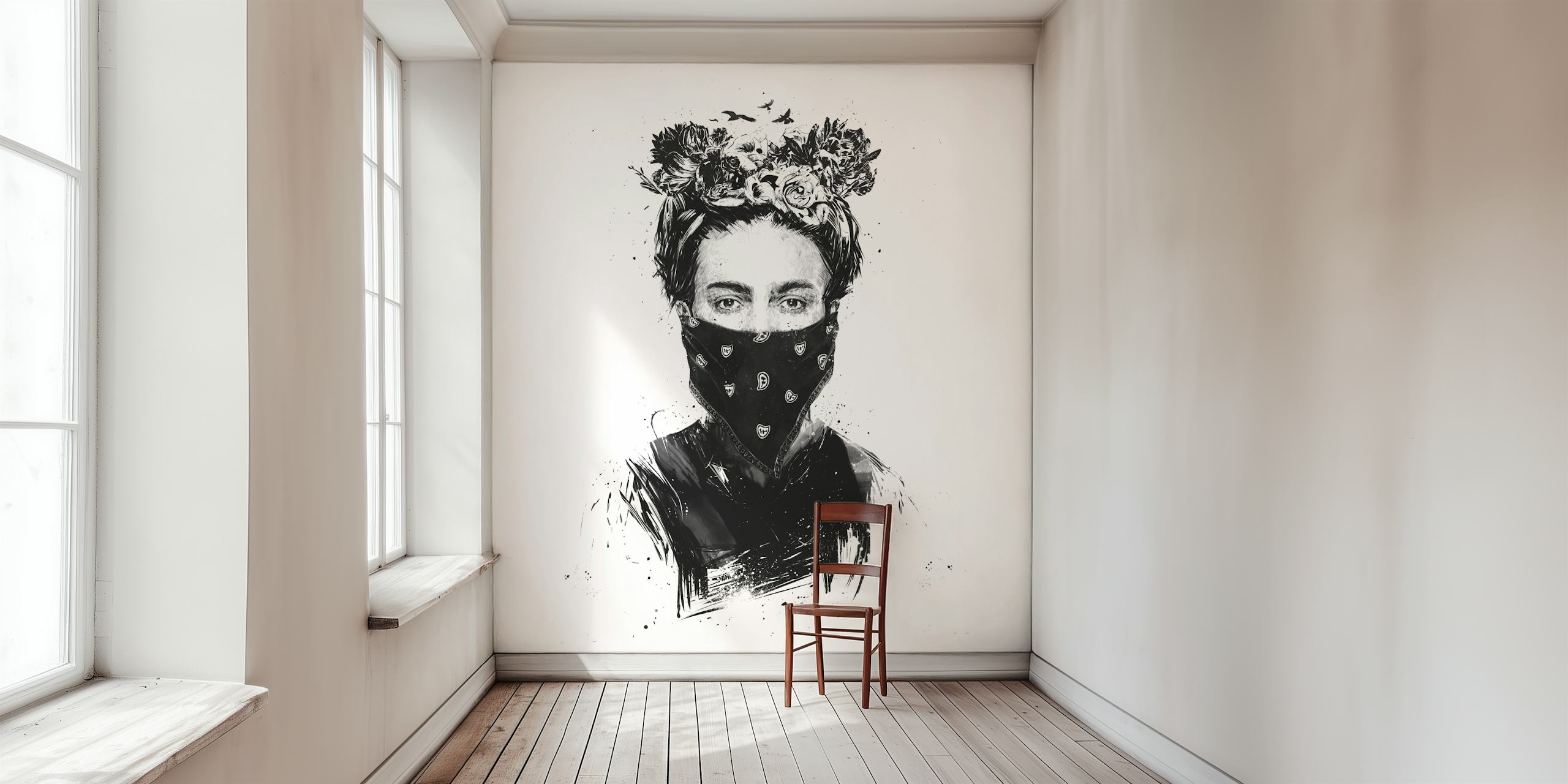 Black and white wall mural of a girl with a flower crown and a patterned scarf over her face