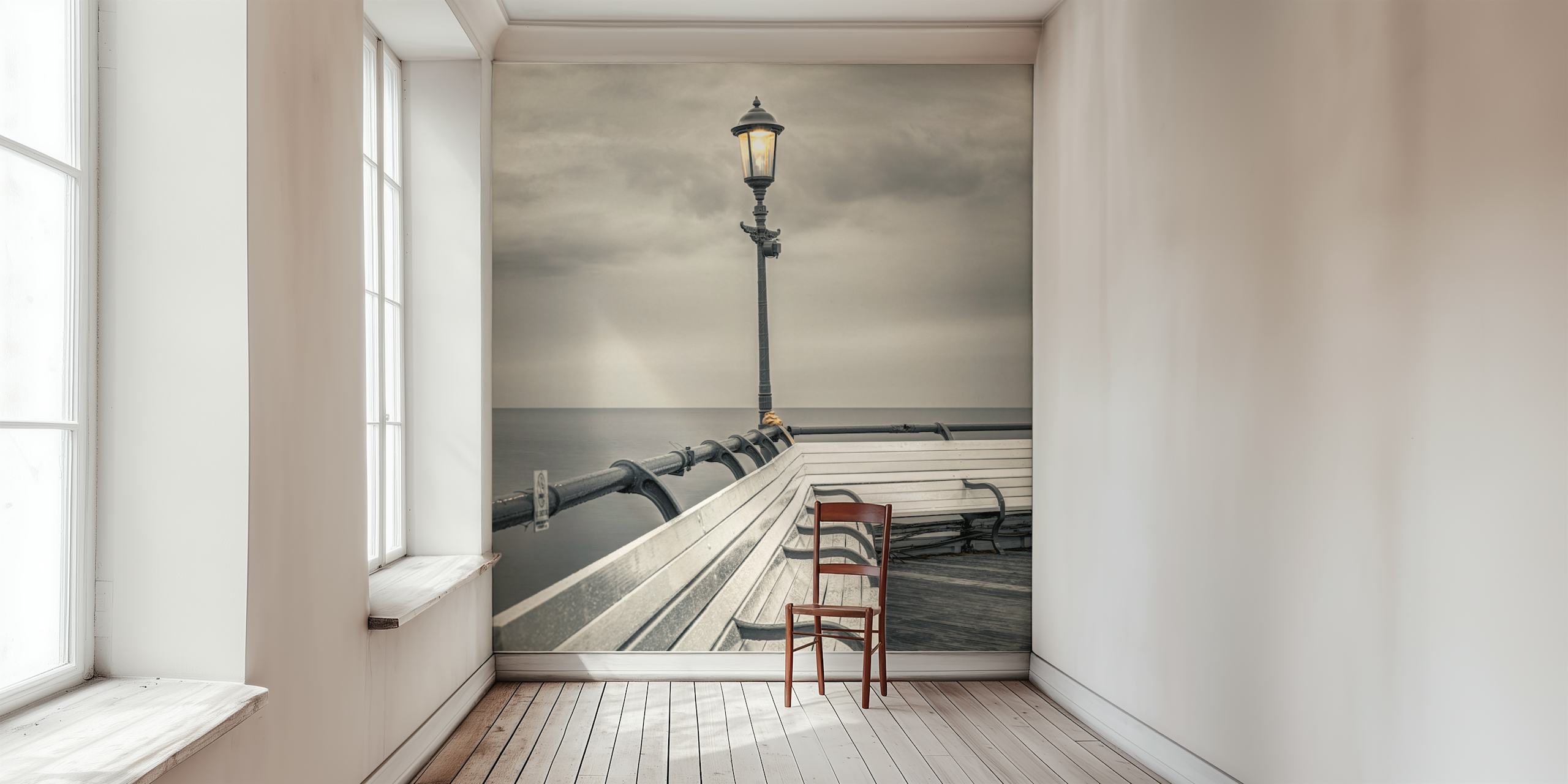 Black and white coastal wallpaper featuring a pier and lamp post