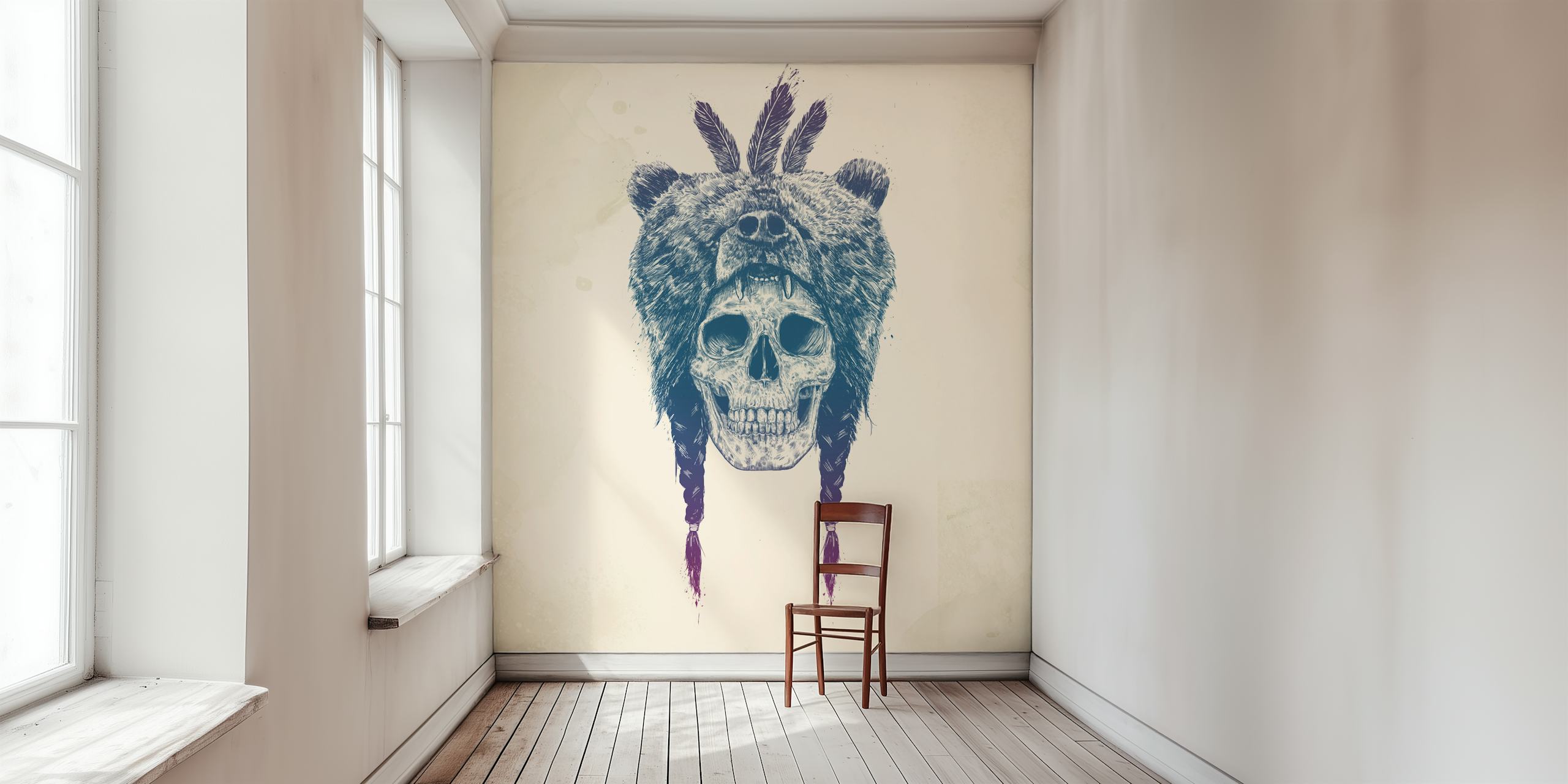 Bear skull wearing a bear head with feathers, colorful artistic wallpaper