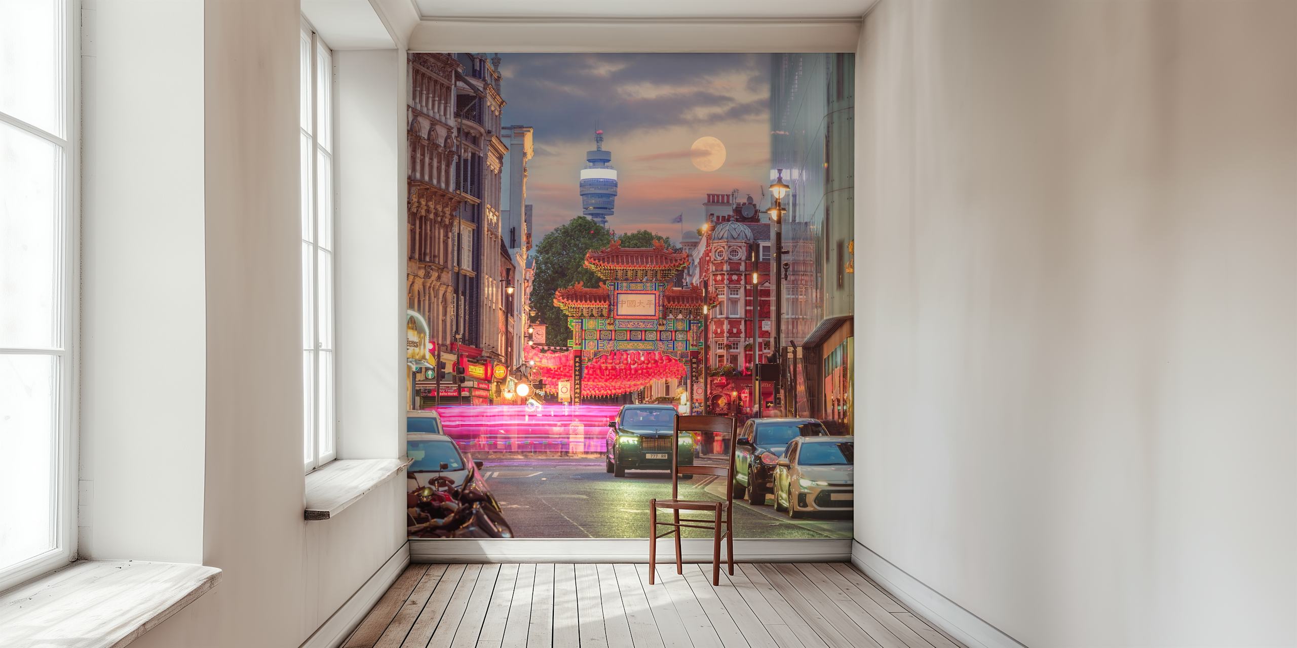 Chinatown street view with sunset and neon lights wall mural