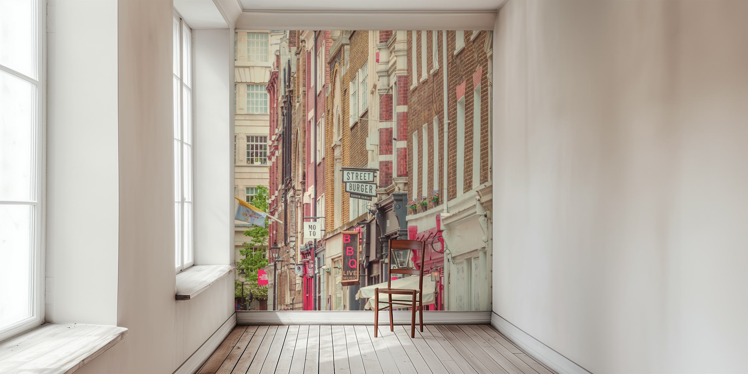 Charming London street wall mural with historic architecture and urban vibe